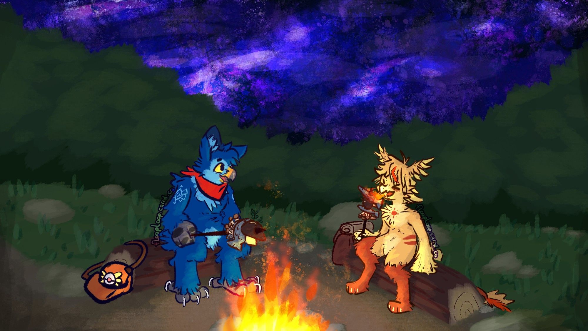 (2024-07-05)

Two birds sitting around a campfire  on two half logs in some forest environment during night, taking rest there and roasting food over the fire.

---

My second art fight attack of this year, featuring 
@aribirby's oc Ari and @kemotorii's oc Tori.
Its just a small Pokemon Mystery Dungeon Style scenery painting, loosely based on one of the in-game animated dungeon backgrounds in Explorers of Sky.
I spend ~10 hours on this in one sitting.  I hope you enjoy! ^^

Ari Bird by @aribirby
Tori by @kemotorii