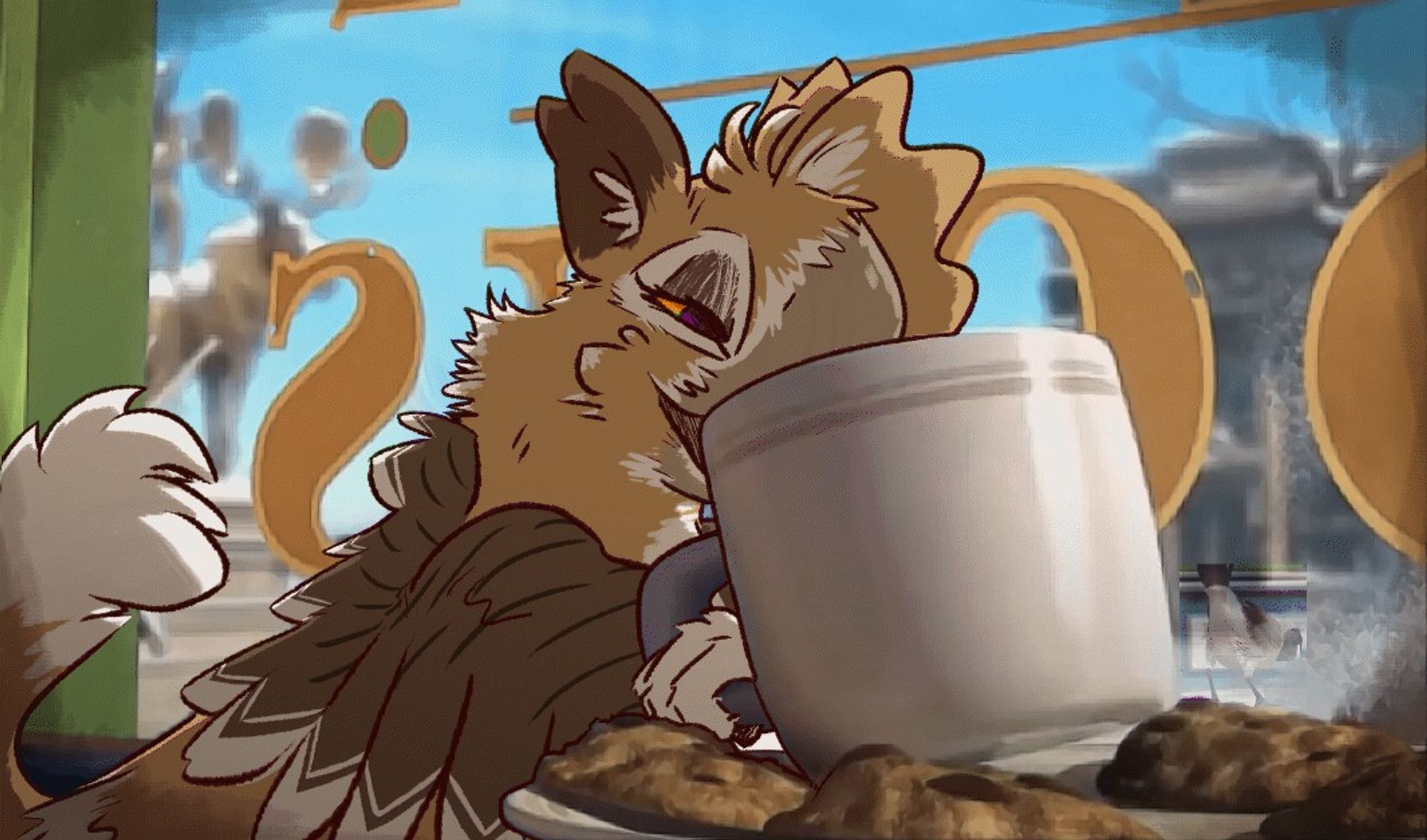 (2024-08-20)

Owl-catlike, enjoying some hot chocolate with cookies and stuff.
This is a draw-over from a scene of the Blue Sky (the studio) movie "Rio".
A gif from another scene that comes shortly after, where a canada goose wiggles their behind to the camera, is added in the bottom-right corner.

---

The original suggestion was: "Give the little goober a Hot Choccey (congrats on 100!!!)".