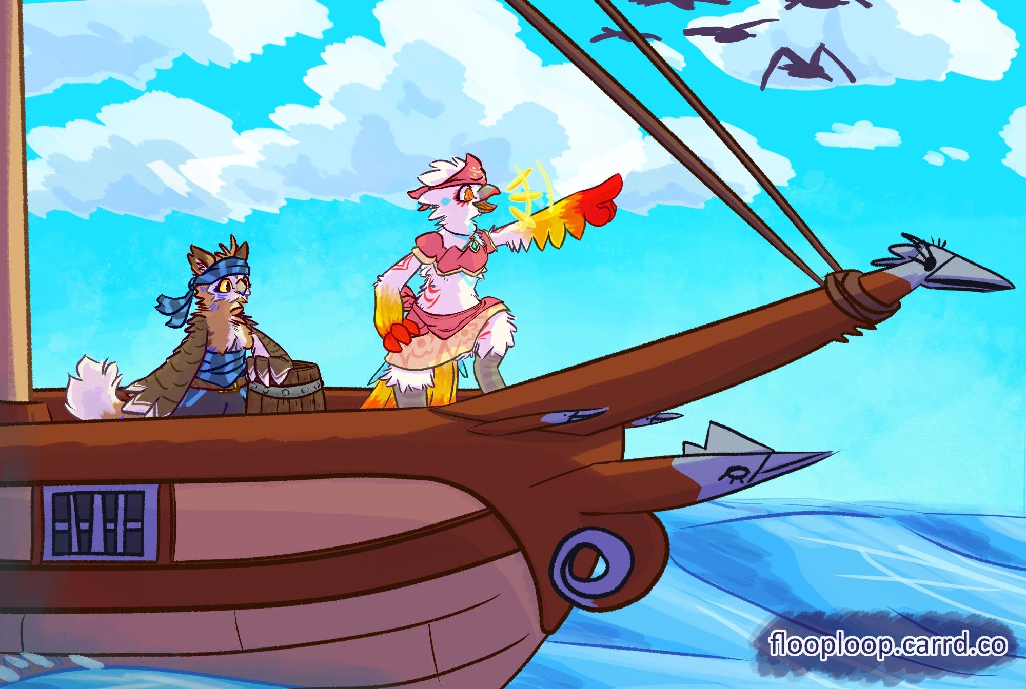 (2024-02-19)

Ahoy!
This is me and a great friend, two bird creatures, doing some pirate shenanigans out at sea!
What adventures will await us...?

---

This is one of my older posts, where I was really really proud of the way I drew the characters, the scenery and the whole composition and it was my first time going with soo so much detail!
I think we look swag as hell!!! :3

The other birby by: @Maxel53 on twitter (https://x.com/Maxel53)