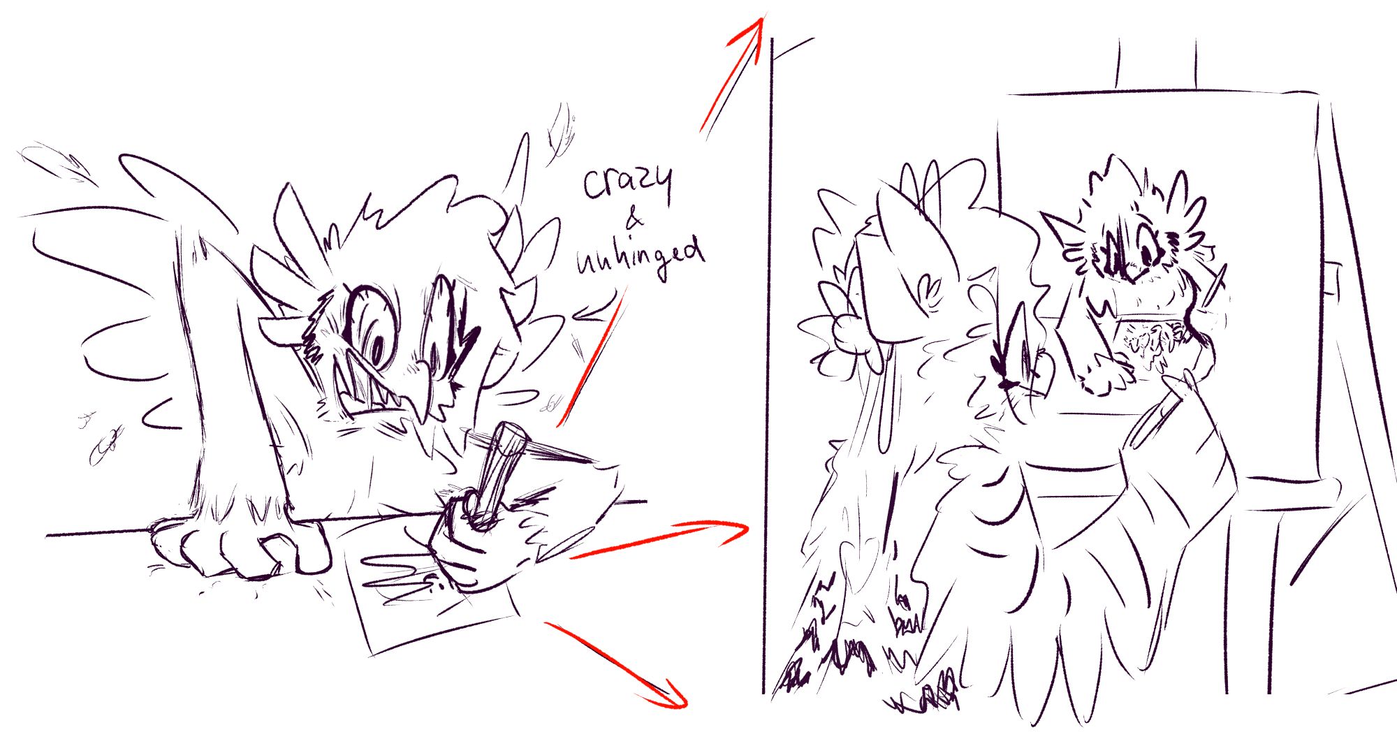 (2024-08-22)

A 2 panel comic strip, of an owl, unhinged and crazy, scribbling down an owl-cat like creature, painting the owl from before, drawing the owl-cat like creature... just drowlception.

---

The original suggestion was: "i'm going to draw me drawing her so she can draw me drawing me drawing her".

first owl character by @Owliellder on Twitter