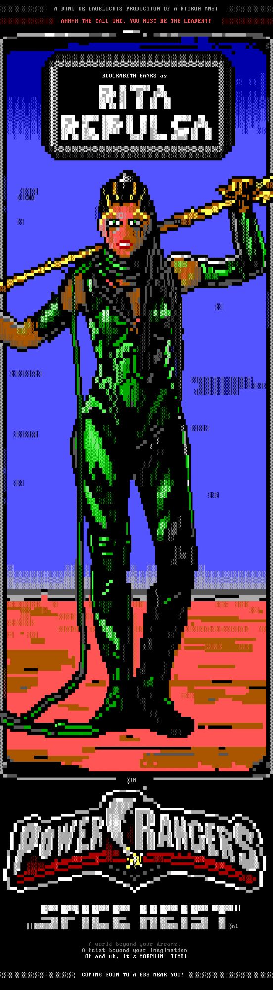 A portrait of a sinister, warlike woman from an alien culture, posing against a desert vista with some kind of staff weapon, wearing a green battle jumpsuit.