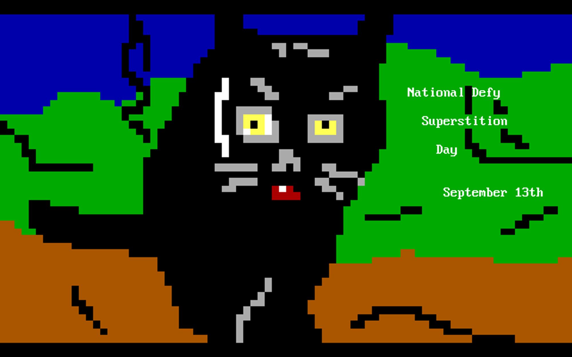 a punchdrunk black cat with a visible bad mood aura advances directly at the viewer, walking along a brown dirt path crossing a green hilly meadow beneath a blue sky