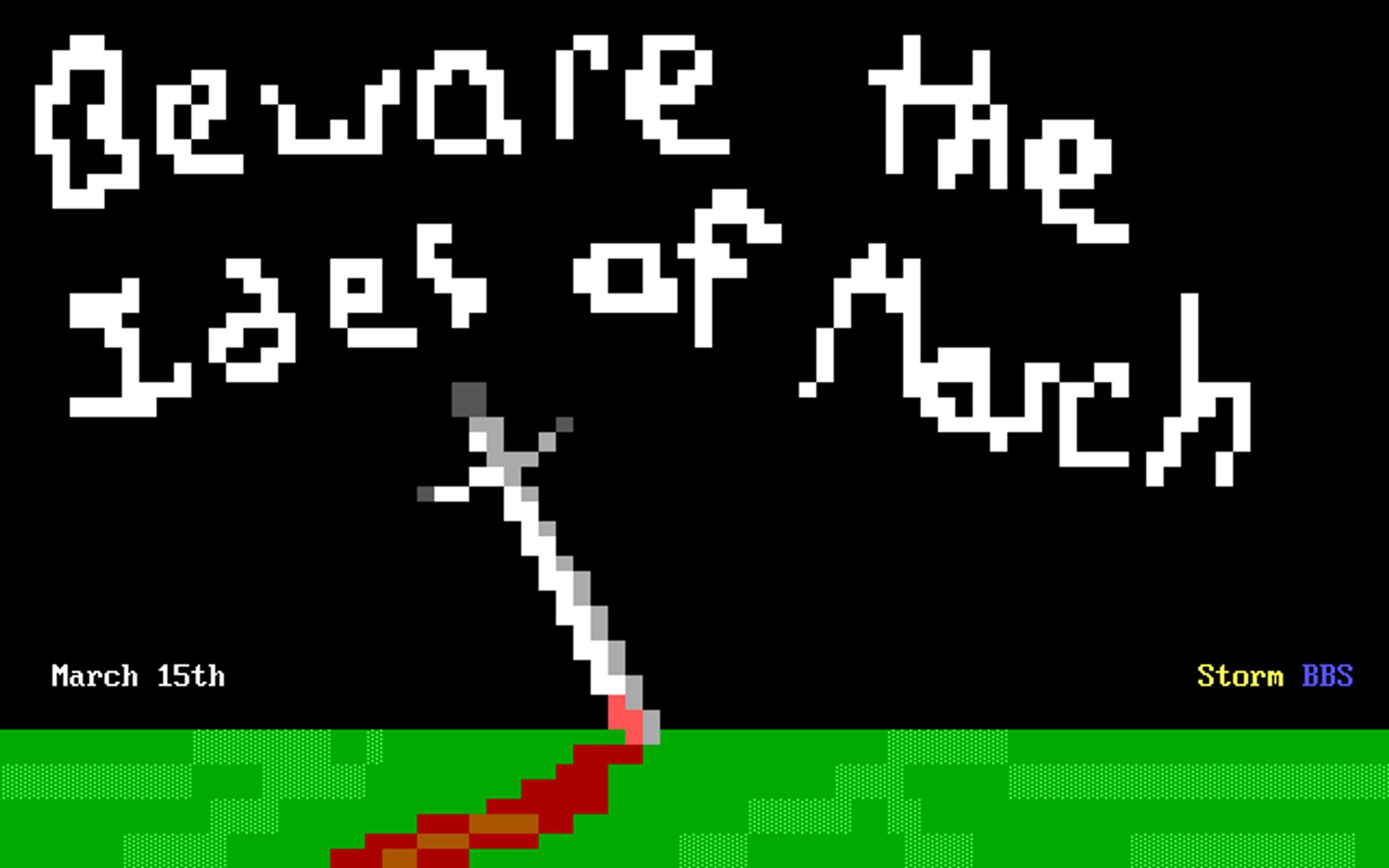 A bloody dagger stands at an angle, thrust into the grassy ground, leaving a trail of blood trickling downhill.  Behind it, in the black sky, are scrawled the words Beware the Ides of March