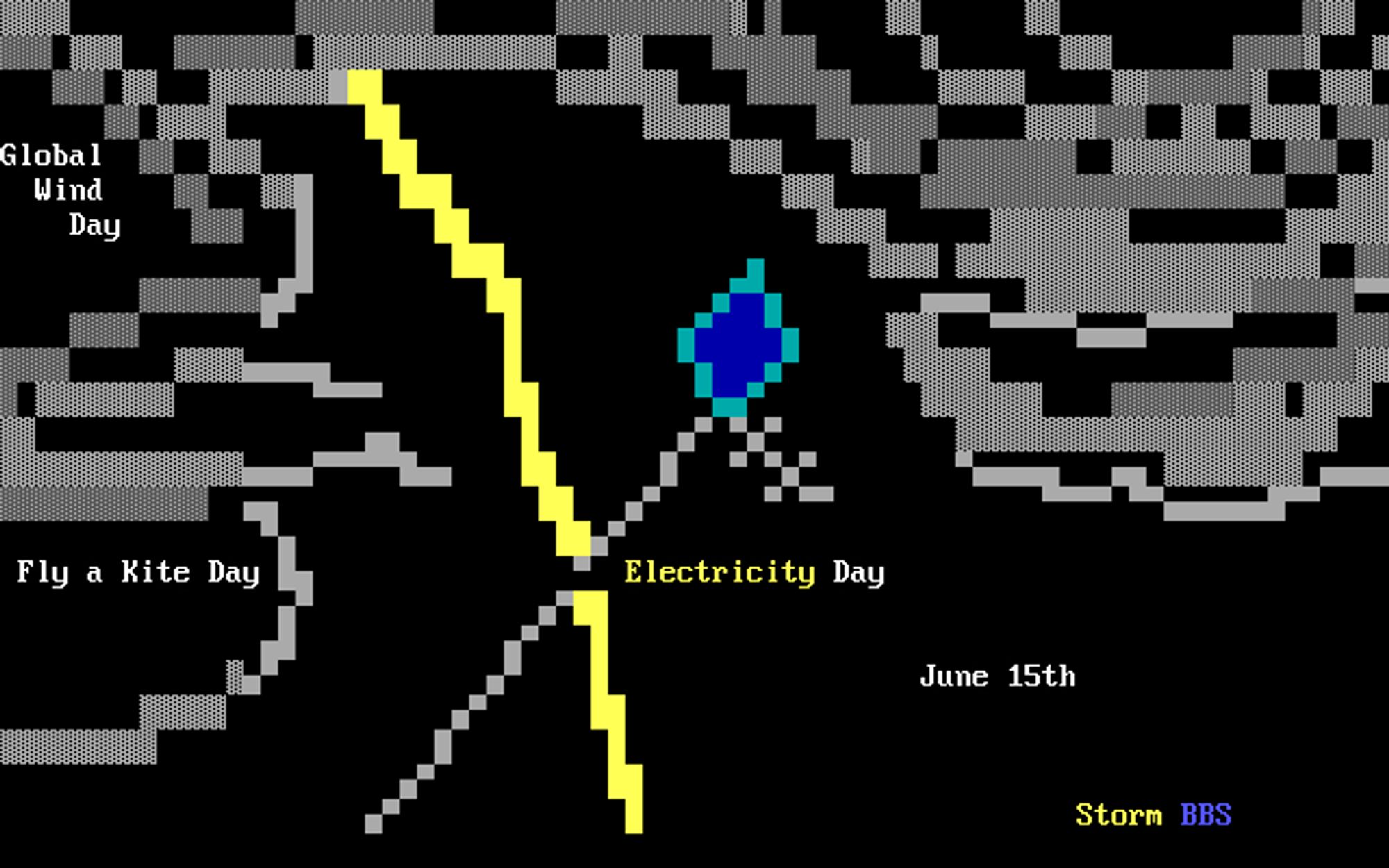 Drawn up by strong winds between two dark, pendulous thunderclouds, a blue diamond-shaped kite is struck on its string by lightning, sending a charge of electricity down to the Founding Father presumably at the other end.