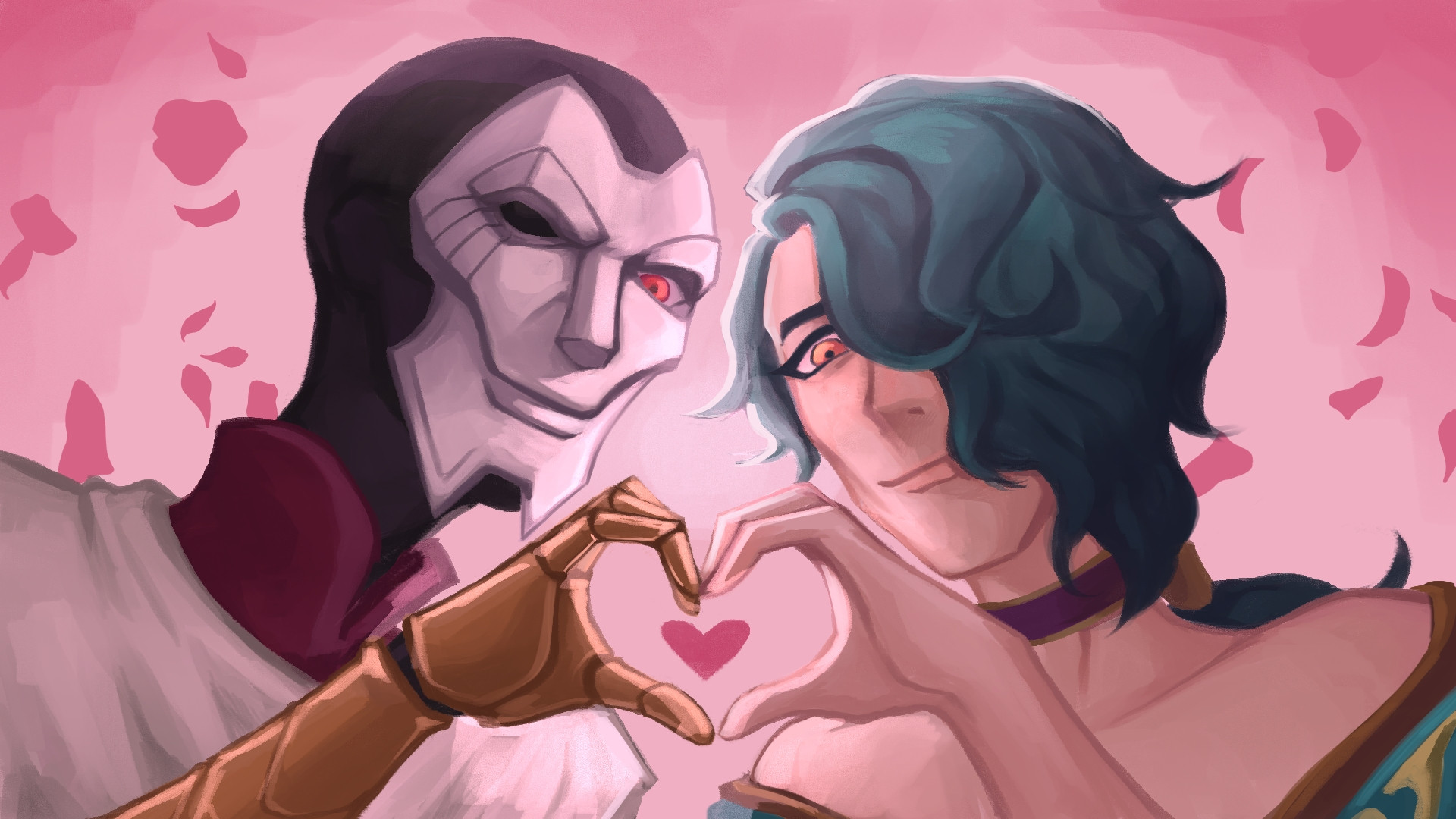 Painting of Jhin and Hwei making a heart with their hands