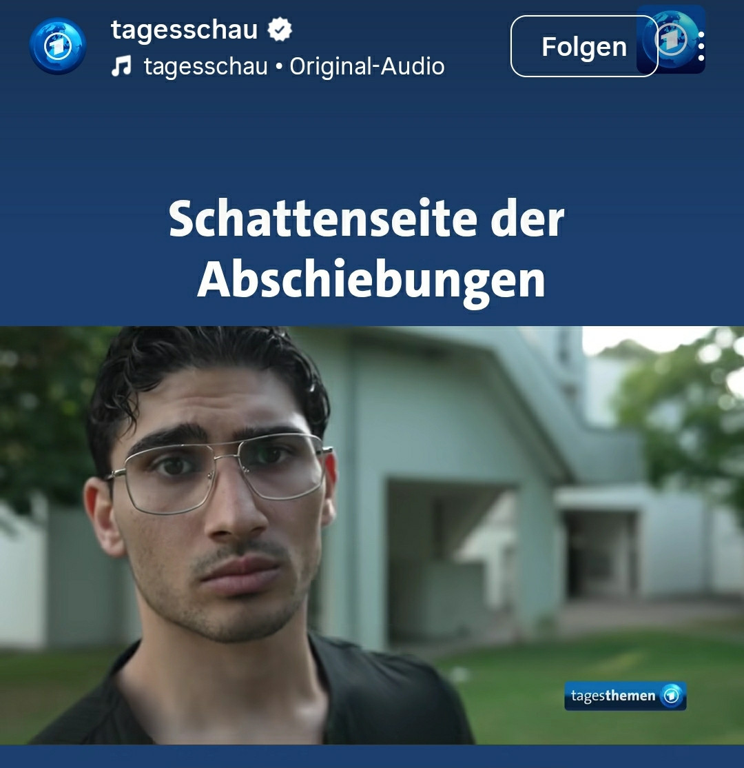 Ein Mann mit Brille schaut skeptisch in die Kamera. Über ihm prangt der Schriftzug "Schattenseite der Abschiebungen", im unteren rechten Eck ist das Logo der tagesthemen