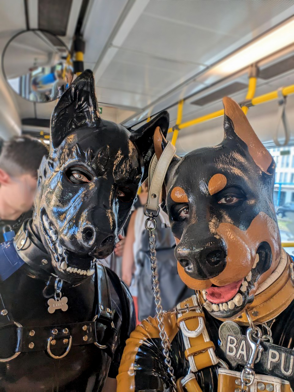 two people in rubber dog fetish gear on a bus, standing, and looking into the camera