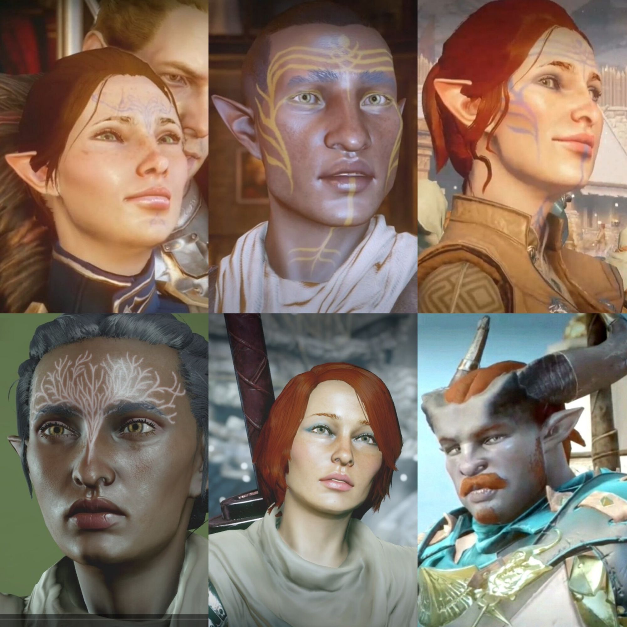 Anya the elf (Cullen), Malek the Elf (Dorian), Aeowynn the elf (Cullen), Ellana the elf (Solas), Veronica the human (The Iron Bull) and Hhutmaar the Qunari (Josephine)