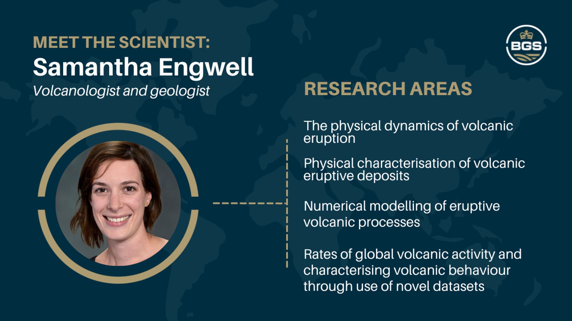 A 'meet the scientist' card for Samantha Engwell, BGS volcanologist and geologist. Her research areas are listed to the right and her picture to the left. Research areas include physical dynamics of volcanic eruption / physical characteristics of volcanic eruptive deposits / numerical modelling of eruptive volcanic processes / rates of global volcanic activity and characterising volcanic behaviouis through use of novel datasets.