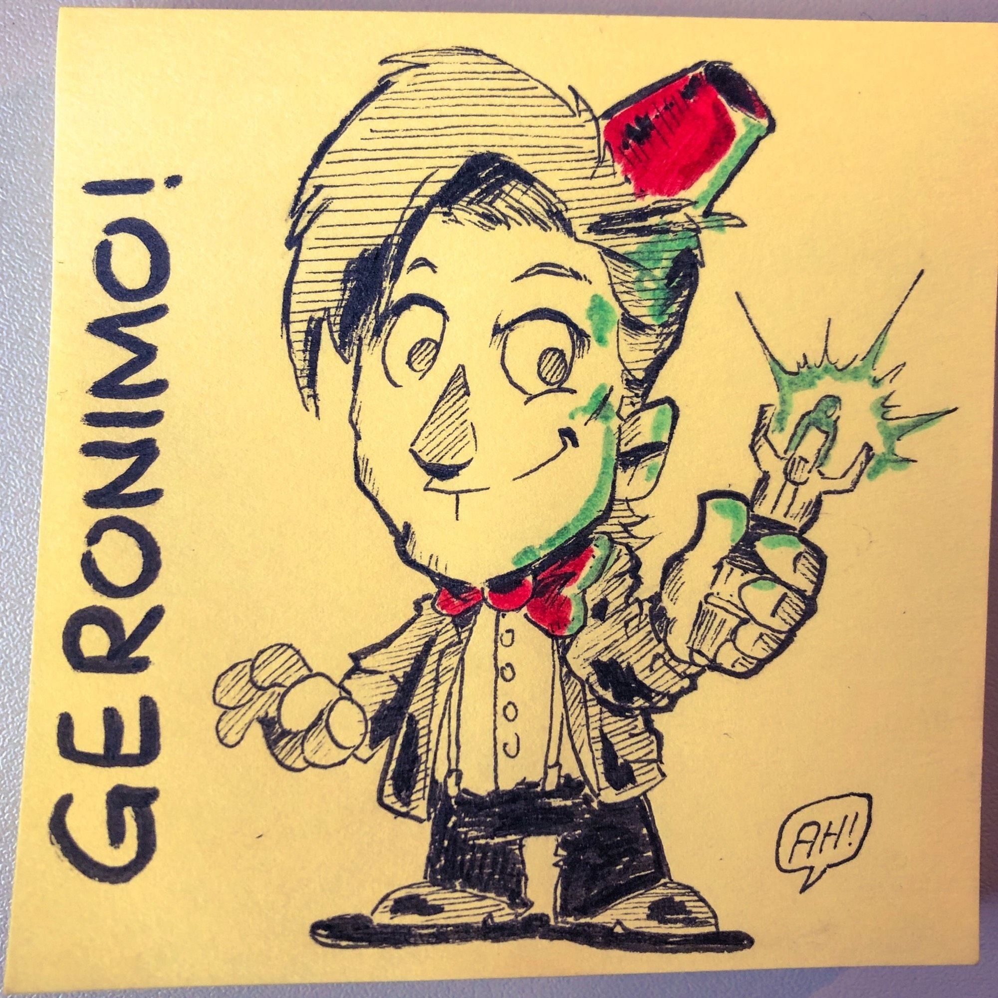 Zeichnung auf PostIt vom 11. Doktor aus der Serie "Doctor Who" mit Fez auf dem Kopf und Schallschraubenzieher in der Hand.  Daneben steht: "Geronimo!"