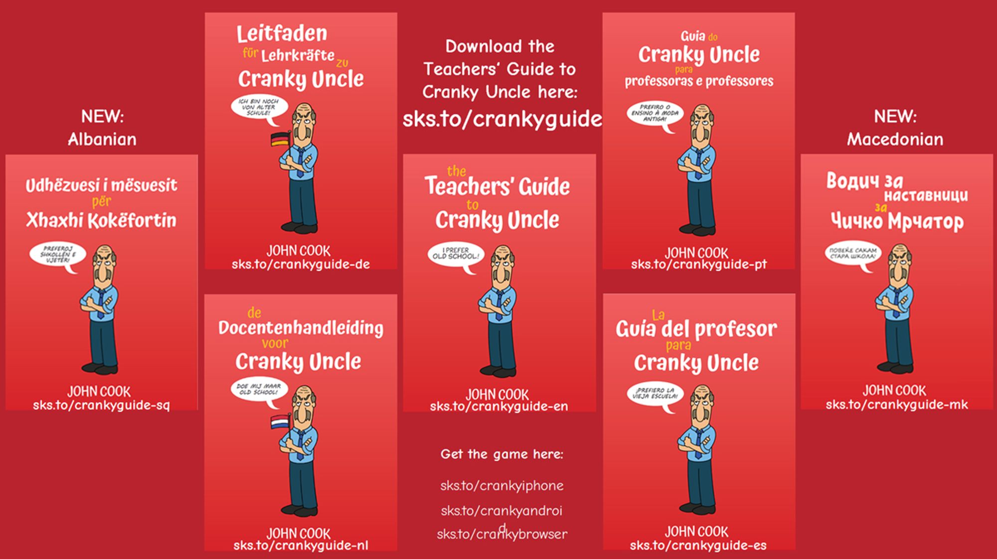 Composite image showing the titles of and links to all seven available language versions of the Teachers' Guide to Cranky Uncle