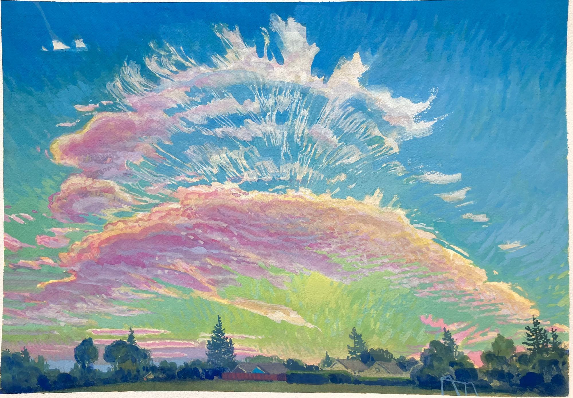 Candy colored gouache painting of alto cirrus clouds arcing over a crescent of alto cumulus  above a sliver of trees, houses, field, all in shadow.