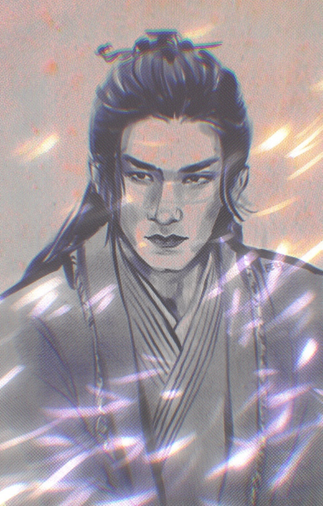 A digital drawing of Di Feisheng from Mysterious Lotus Casebook, looking serious, in muted grey and violet tones, with glowing leaves flowing around him