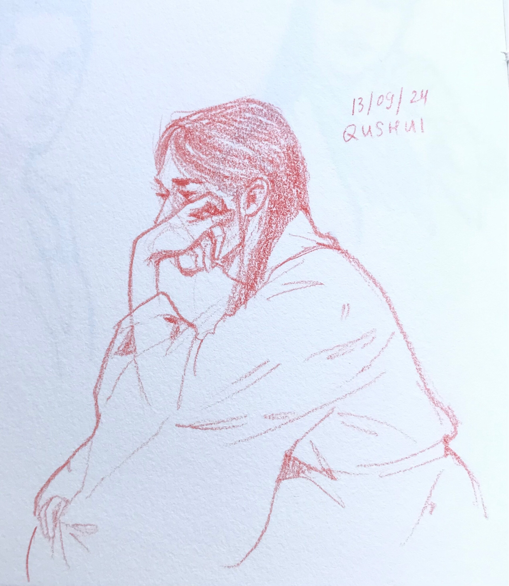 Pencil sketch of Qushui leaning his cheek on his hand and looking into the distance