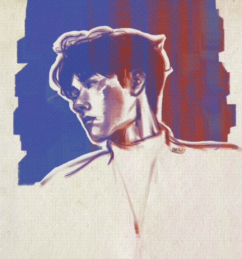 Digital drawing of Gong Jun looking to the left, in blue and red