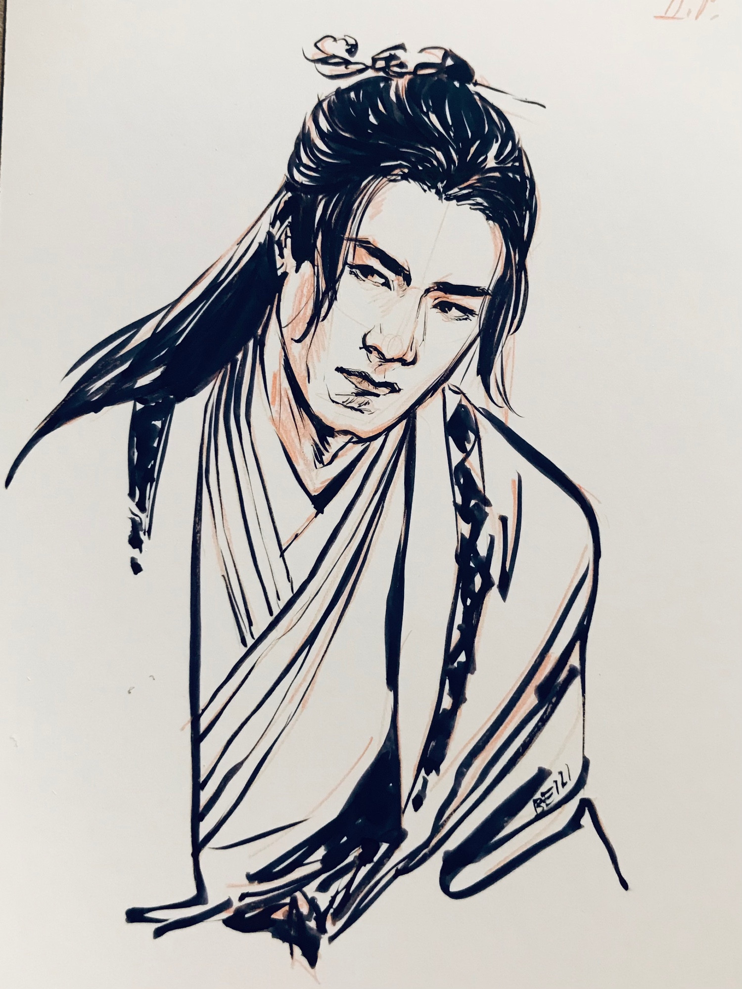 An ink sketch of Di Feisheng from Mysterious Lotus Casebook c-drama, looking thoughtfully to the side