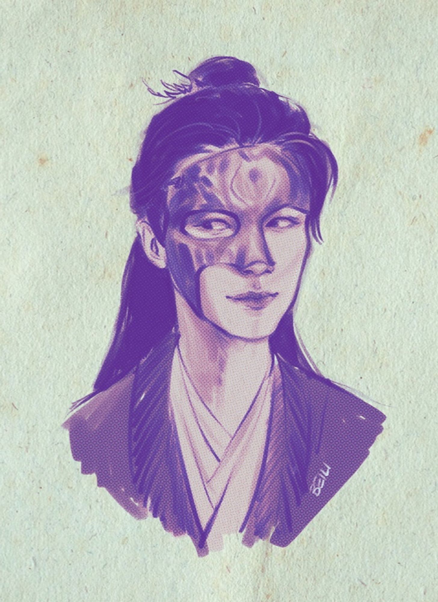 A digital sketch of Li Lianhua from cdrama Mysterious Lotus Casebook in a half-mask