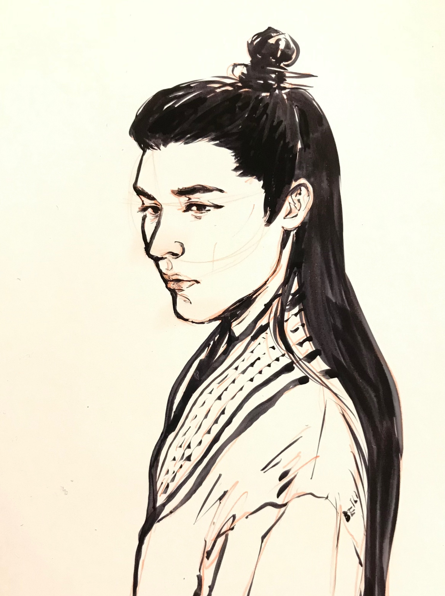 An ink drawing of a random character played by Cheng Yi