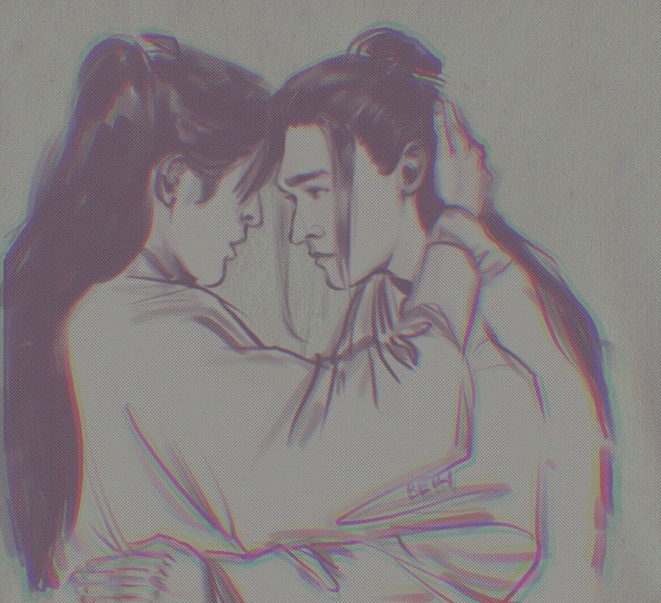 Digital drawing of Zhou Zishu touching foreheads with Wen Kexing, in dark violet on grey background. ZZS is holding the back of WKX’s head. WKX’s is on ZZS’ waist; WKX looks somewhat pitiful but determined