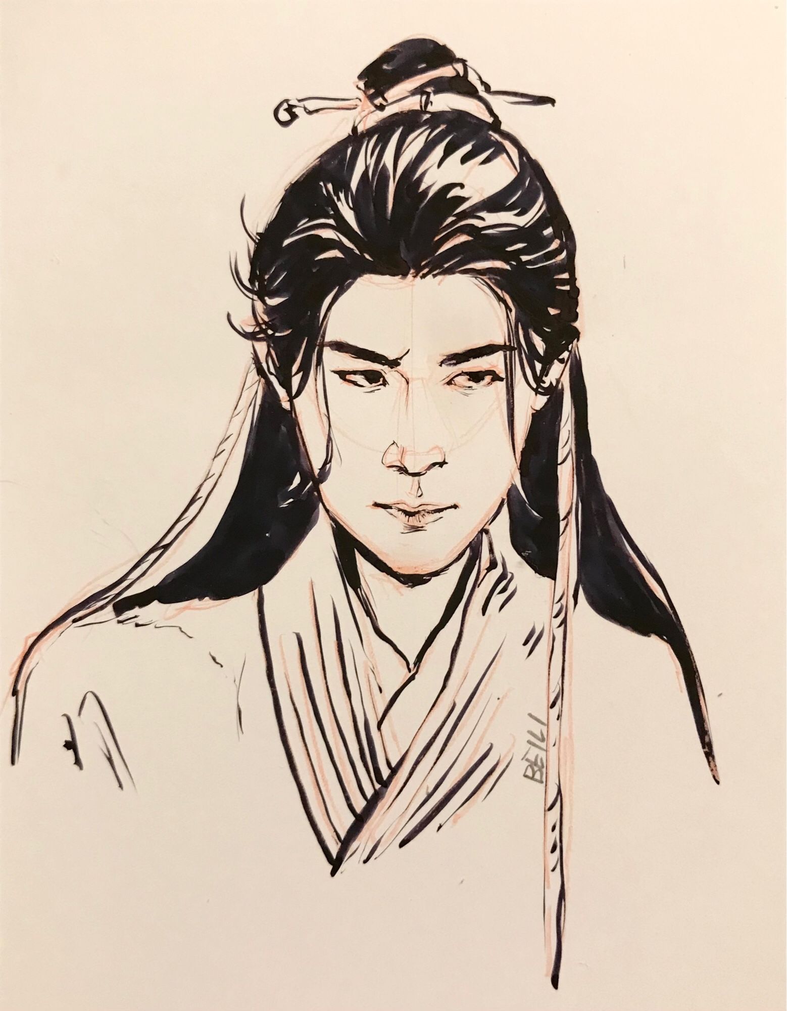 Ink sketch of Li Lianhua looking angry and suspicious