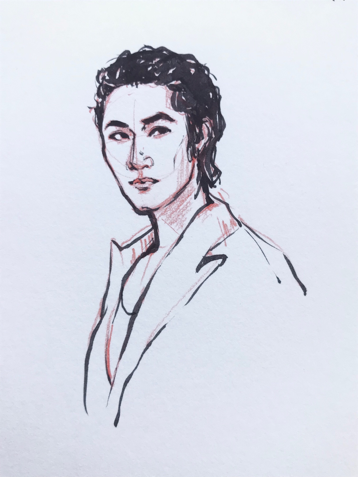 Ink and pencil sketch of Xiao Shunyao with long hair