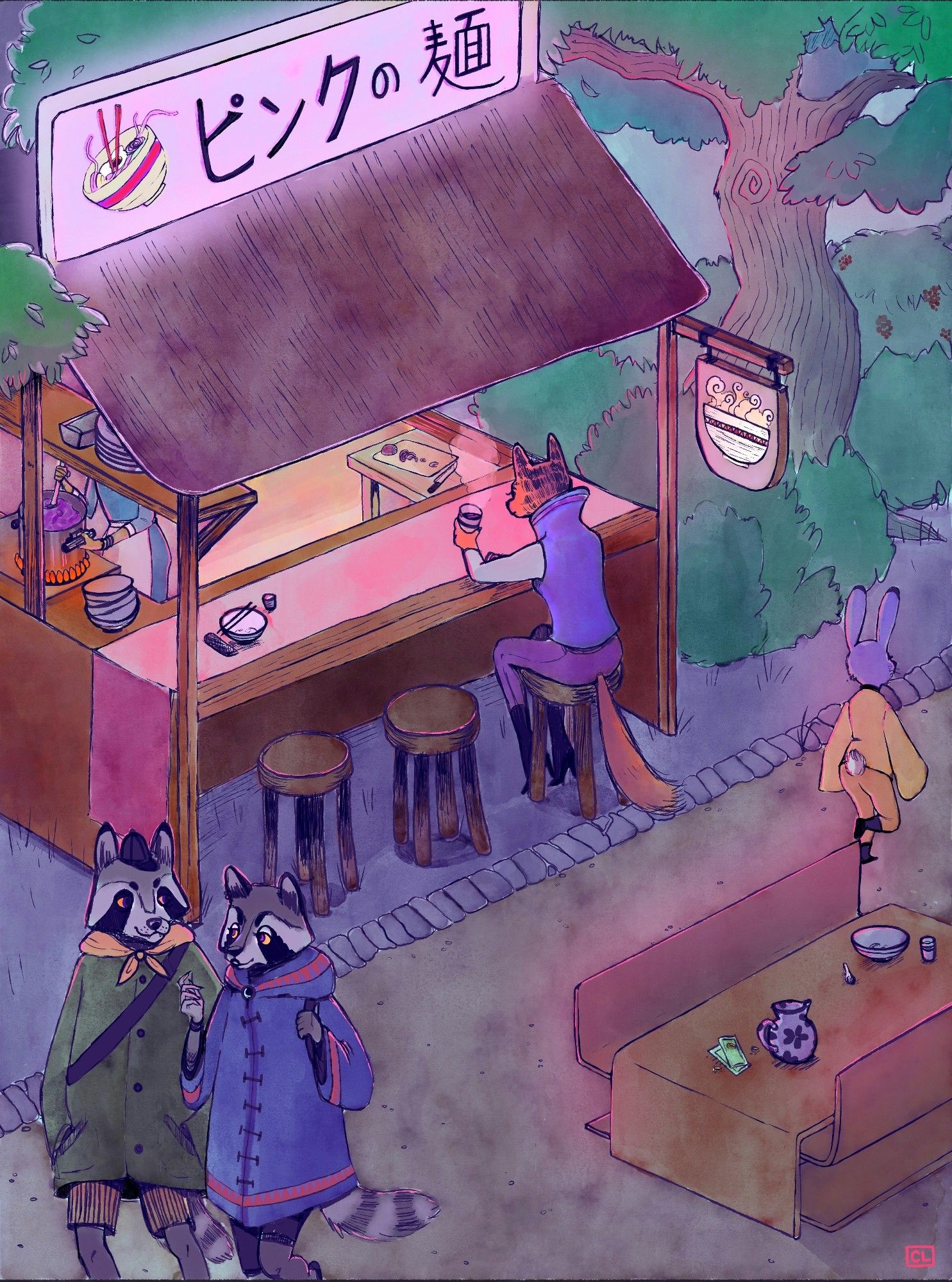 Illustration of a calm and serene evening street scene. An anthropomorphic fox sits at the counter of a noodle stall, contemplating her still-steaming cup of tea.