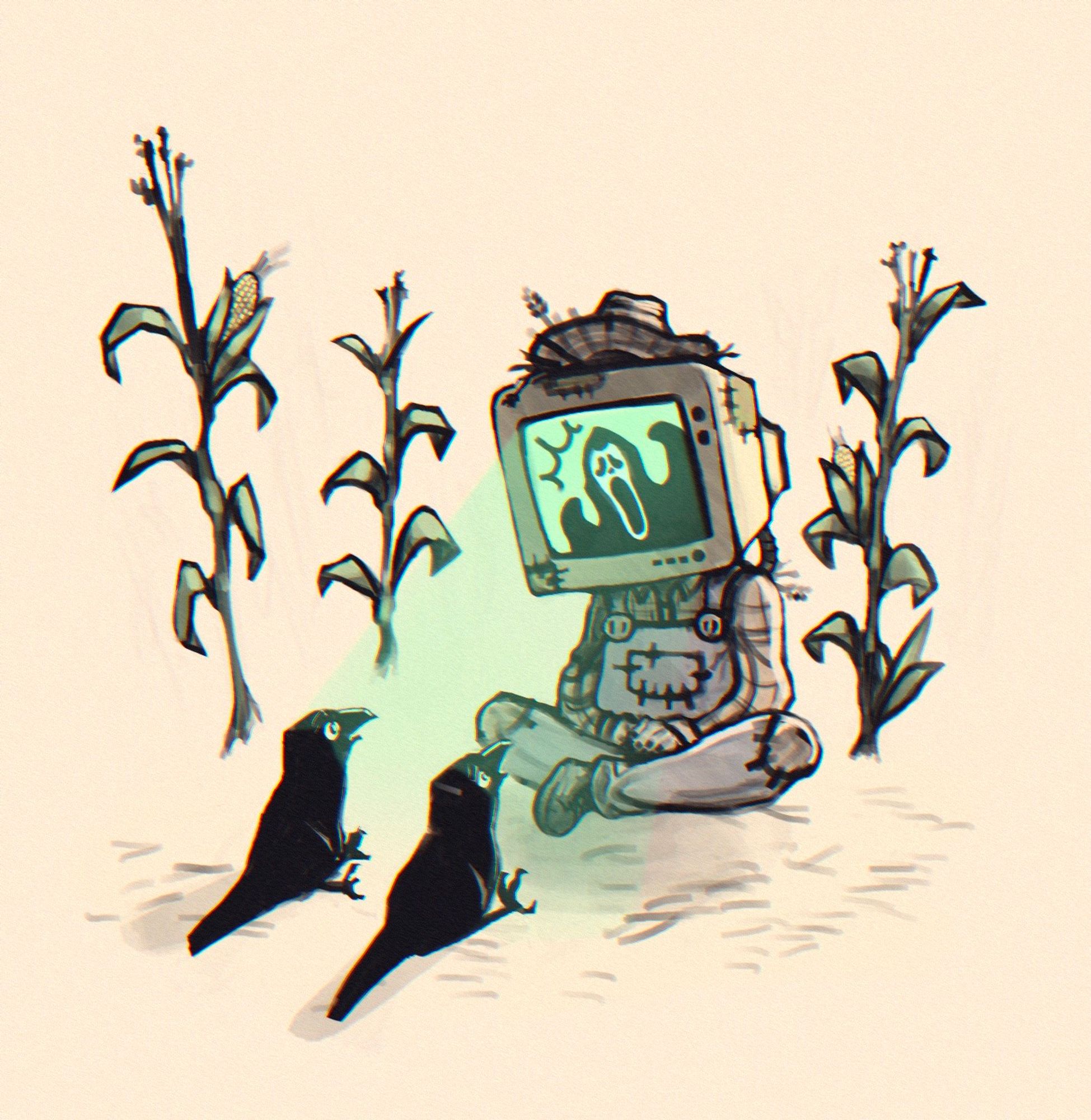 Digital art illustration of a Scarecrow with a tv for a head, sitting on the ground and playing a scary movie for a couple of crows seated in front of him. The crows are looking up at the screen all scared and cute