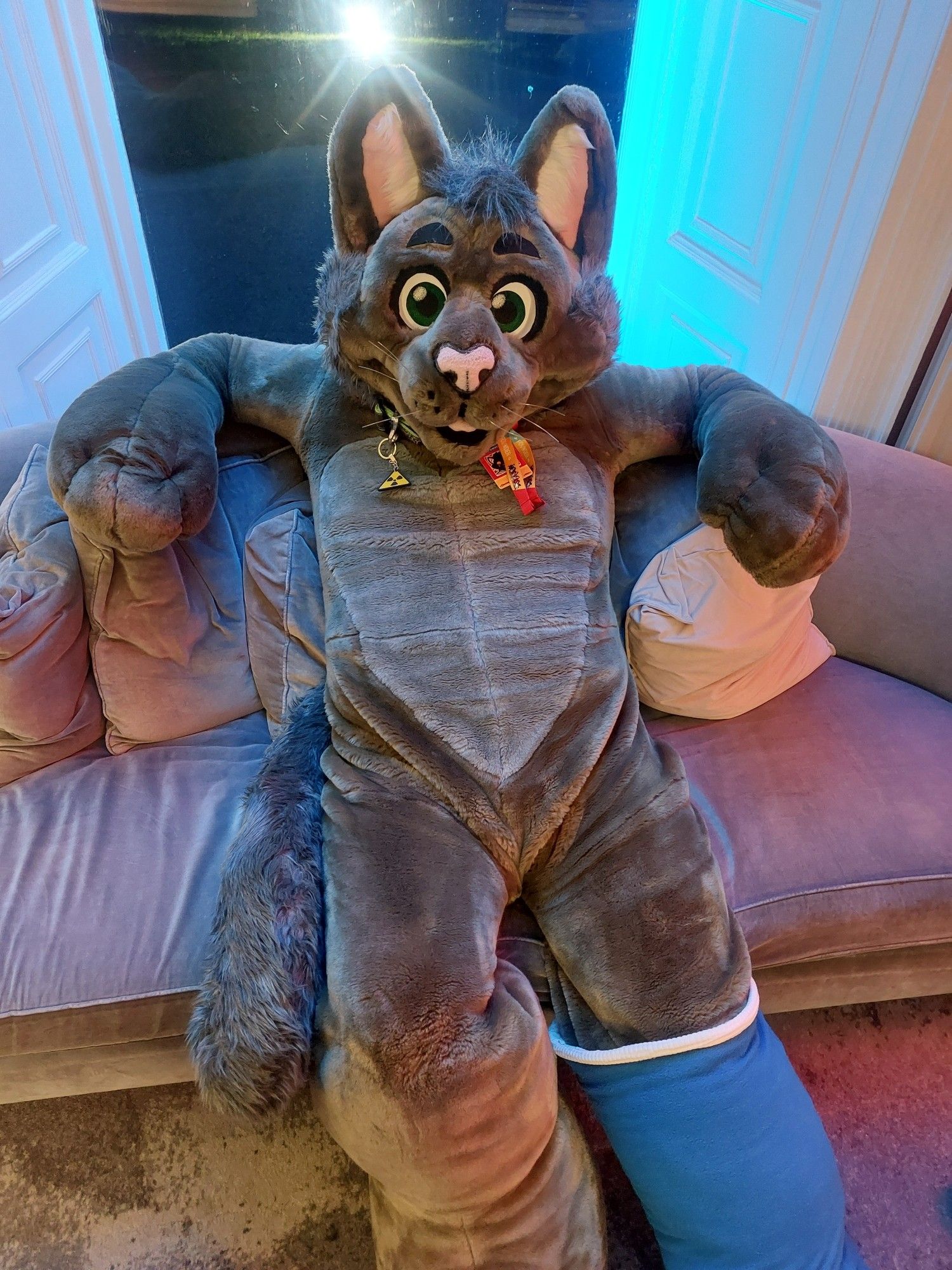 A photo of Tryst, a plush cat fursuiter (Midori), lounging back on a sofa at Pawsome, looking at the camera. There is blue lighting behind him