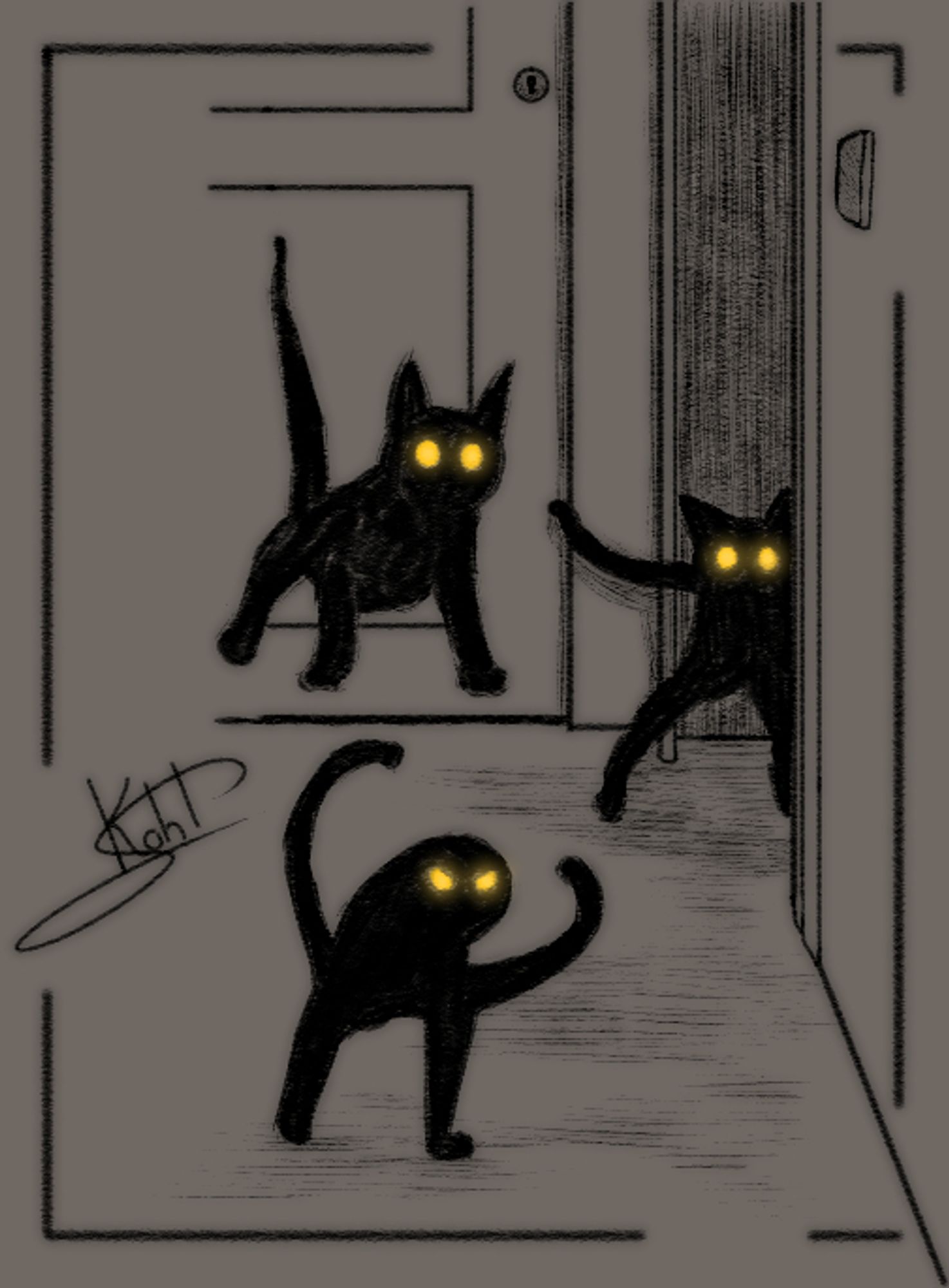 Meme digital sketch of three shadowy black cats who are up to no good. They have glowing yellow eyes.