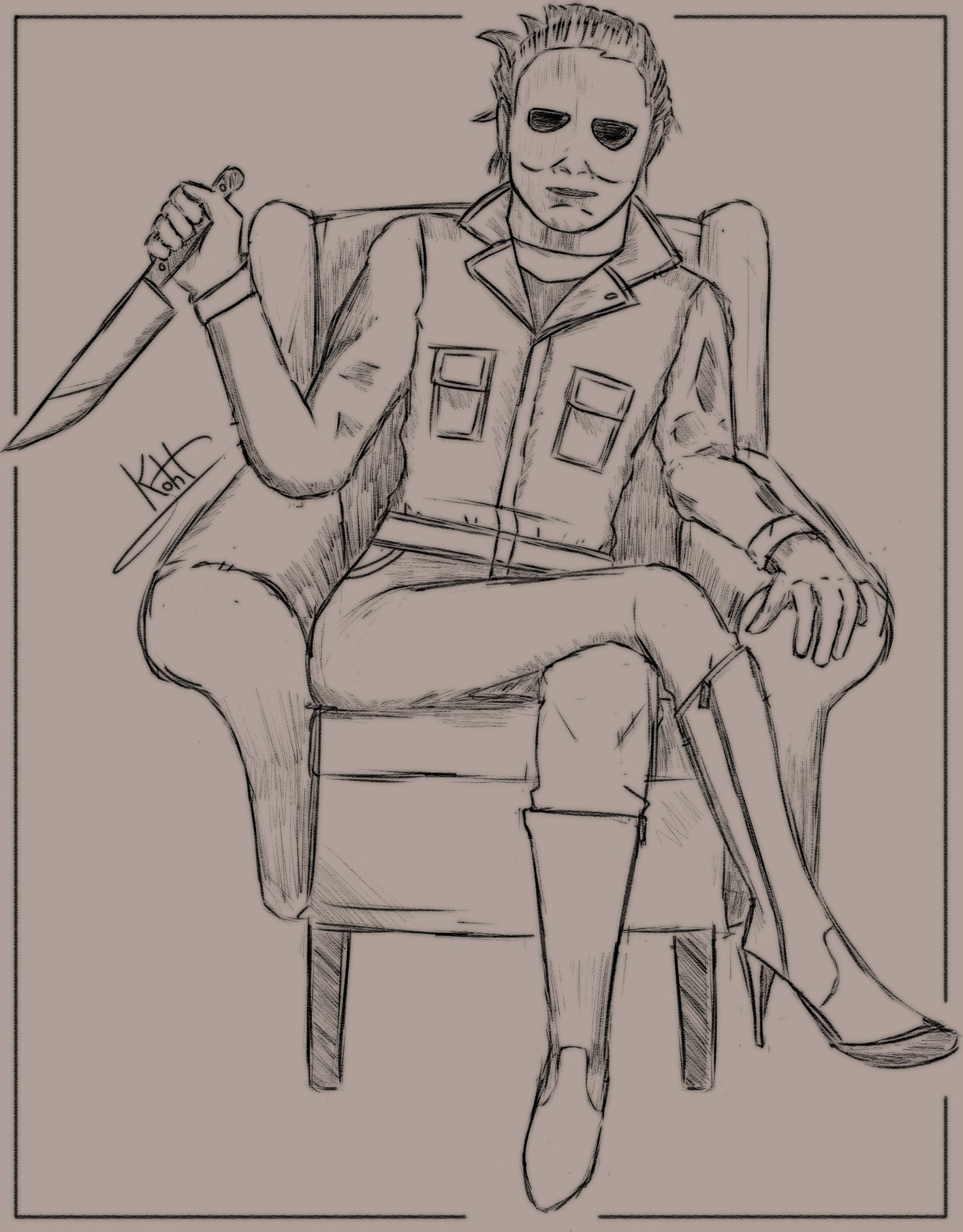 Digital sketch of Michael Myers wearing high heeled boots. He's sitting on an armchair and holding a knife. I've done this for the memes.