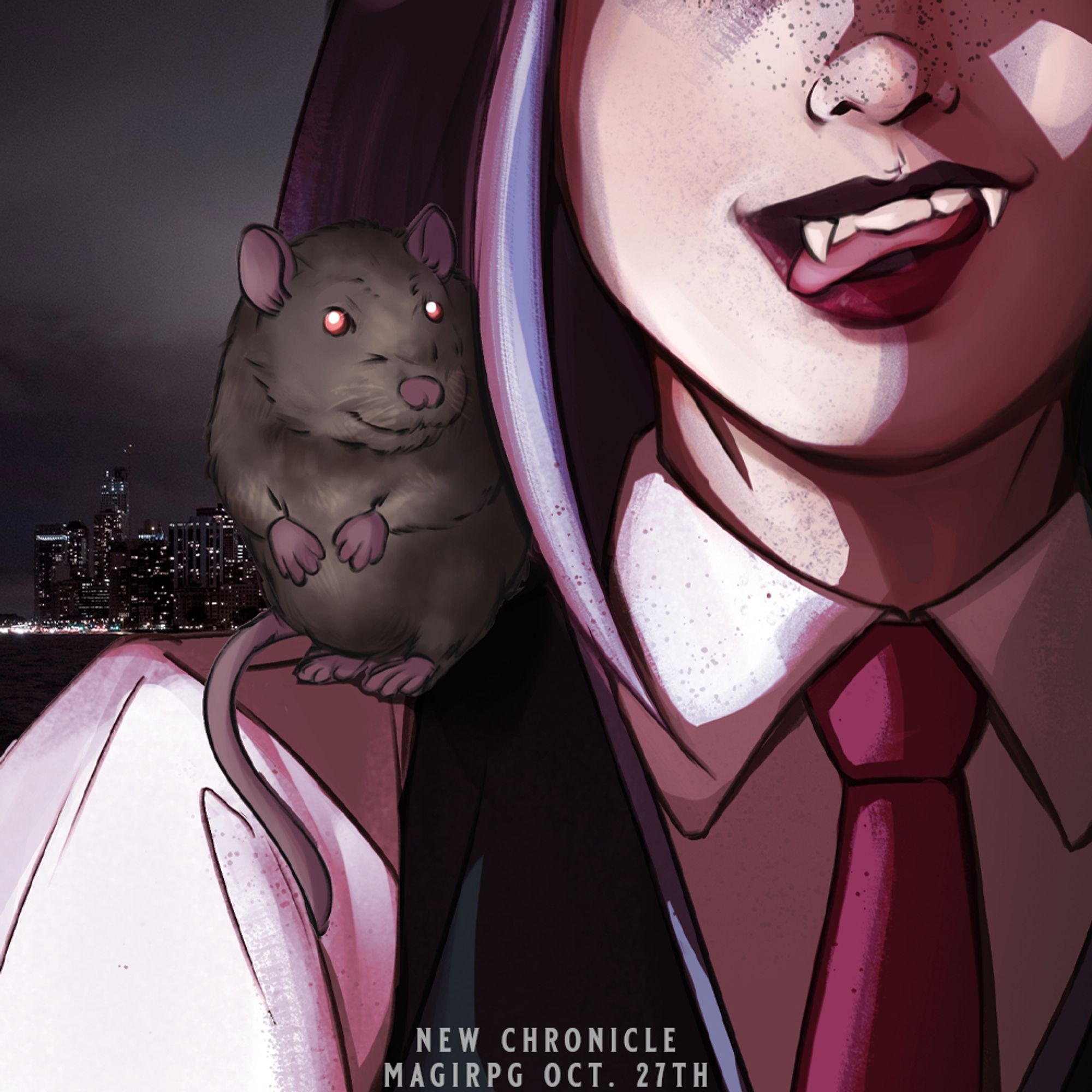 A illustration close up of a vampire's shoulder as they're licking one of their fangs. They have a dark hair except for a strand of purple, they're wearing a white top with a red tie and black vest. On their shoulder is a smiling rat with red eyes ready to whisper into their ear. At the bottom of the image is the text "New Chronicle - MagiRPG Oct. 27th"