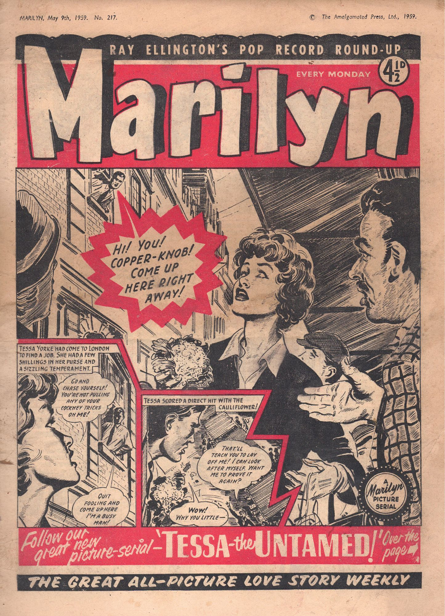 The cover to Marilyn issue 217, dated May 9, 1959, in which a man shouts from a window "Hi! You! Copper-knob!" at a red-haired lady, only for her to throw a cauliflower at him.