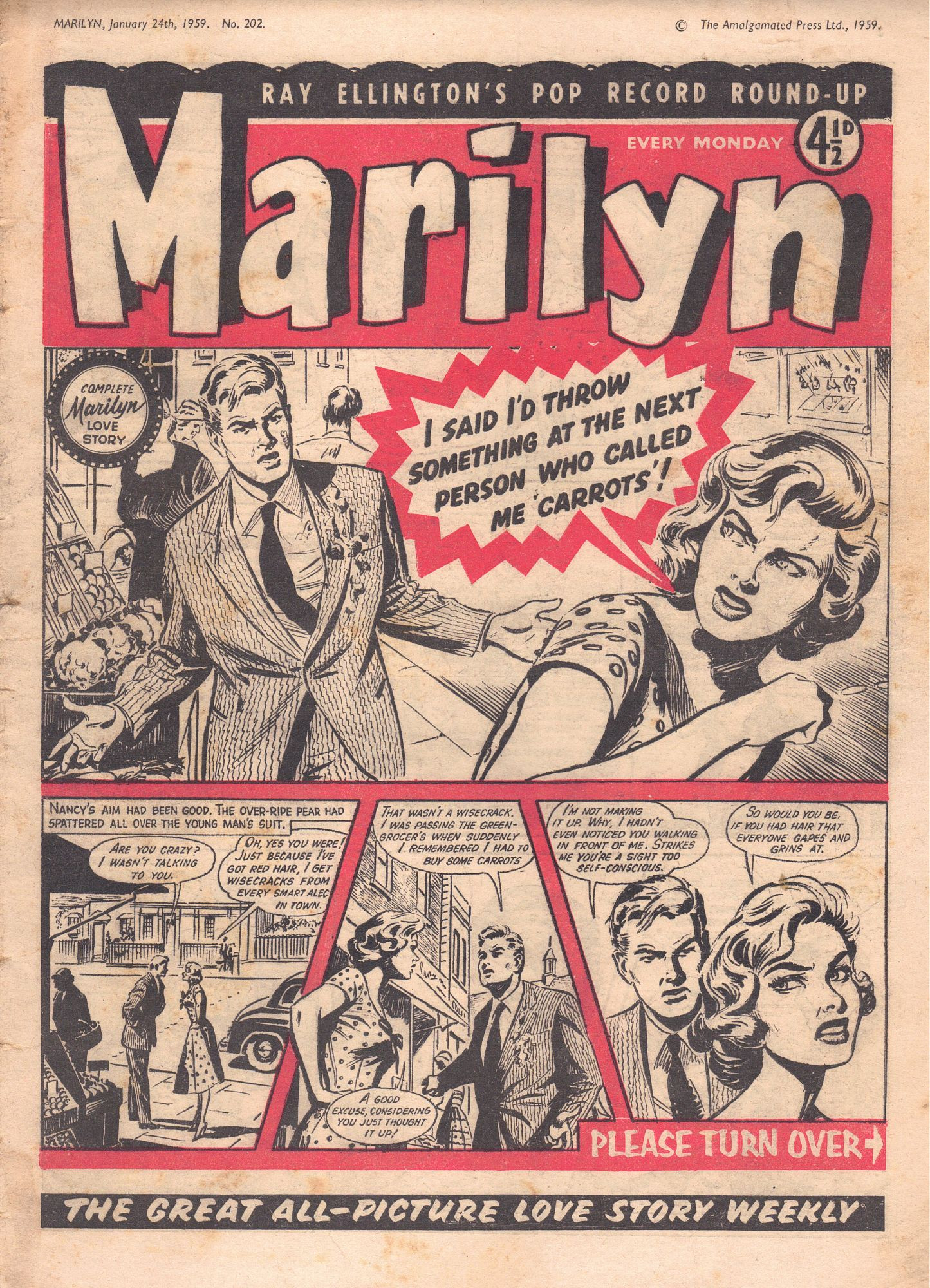 The cover to Marilyn issue 202, dated January 24, 1959, in which a red-haired woman shouts "I said I'd throw something at the next person to call me carrots" at a man with a pear splattered on his jacket.