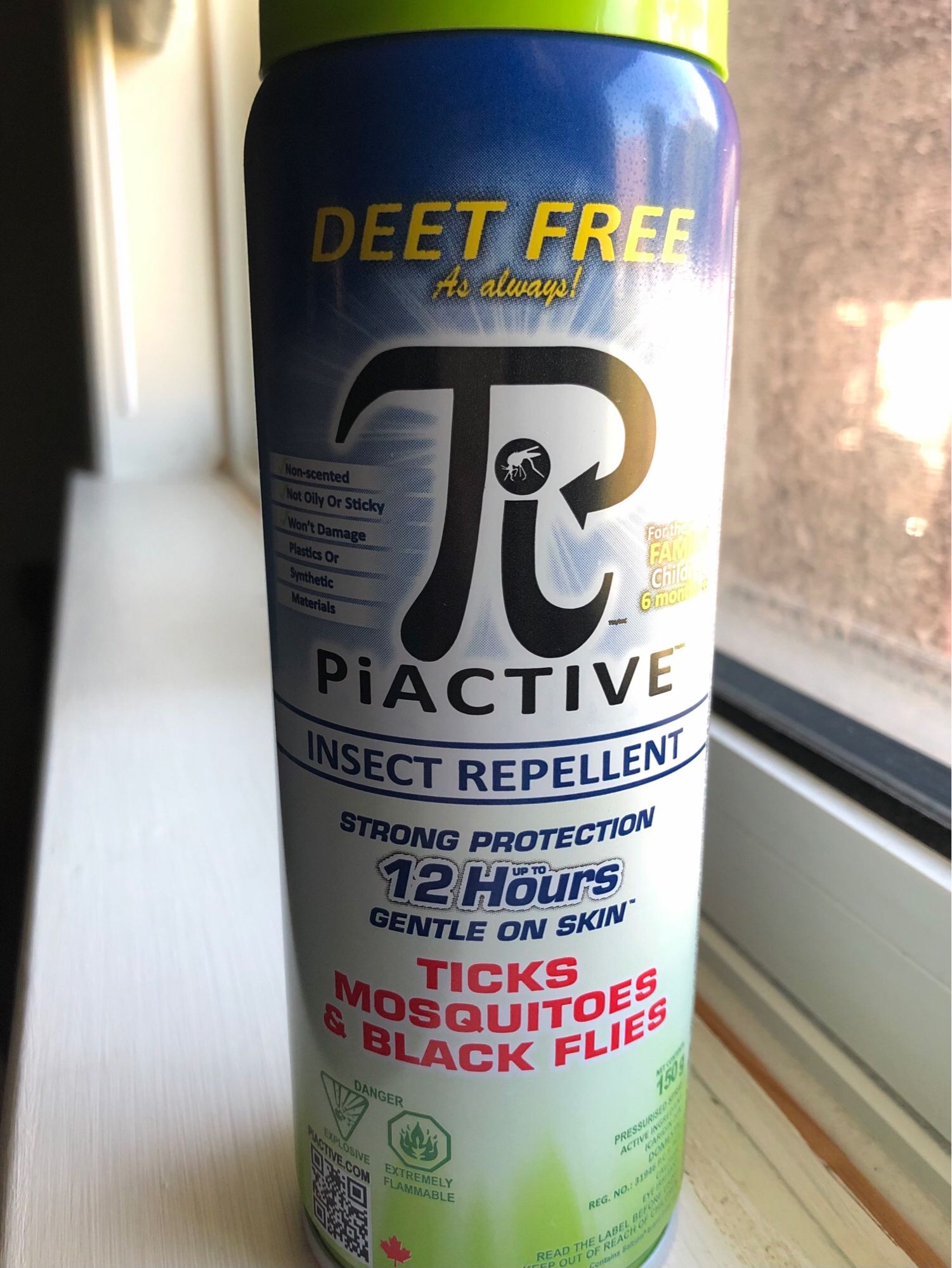 Aerosol can of PiACTIVE brand “DEET FREE as always!” insect repellent. Strong protection, 12 hours, gentle on skin. For ticks, mosquitoes and black flies. Also comes in spray.