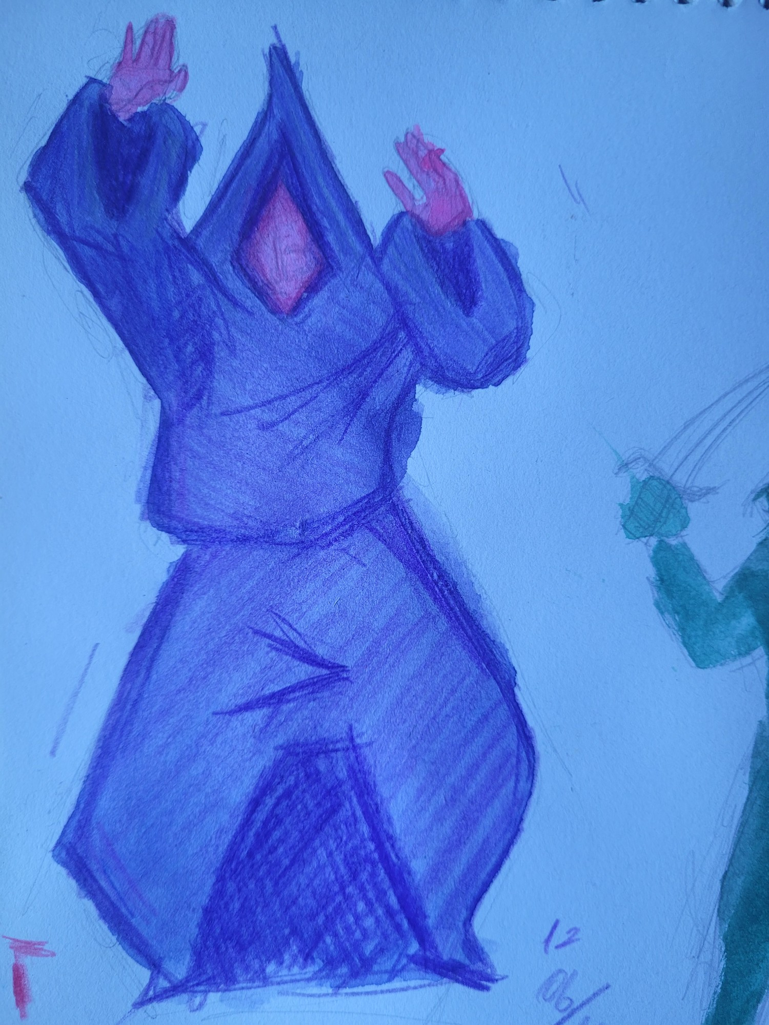 A watercolor and color pencil drawing of the invoker from felvidek, he is a wizard with pink skin and purple robes, he is doing a gesture by putting his hands in the air like hes invocating something