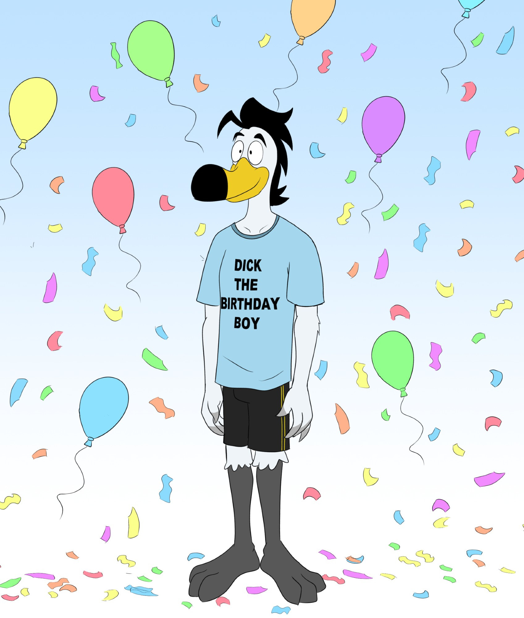 Gus surrounded by balloons and confetti in the iconic Dick The Birthday Boy shirt, from famous Hollywood celebrity Rich Evans.