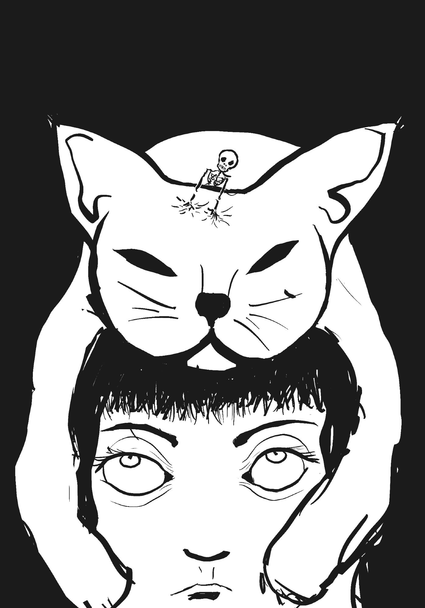 A giant cat sleeping on the head of a human. A tiny skeleton is massaging the cat head.