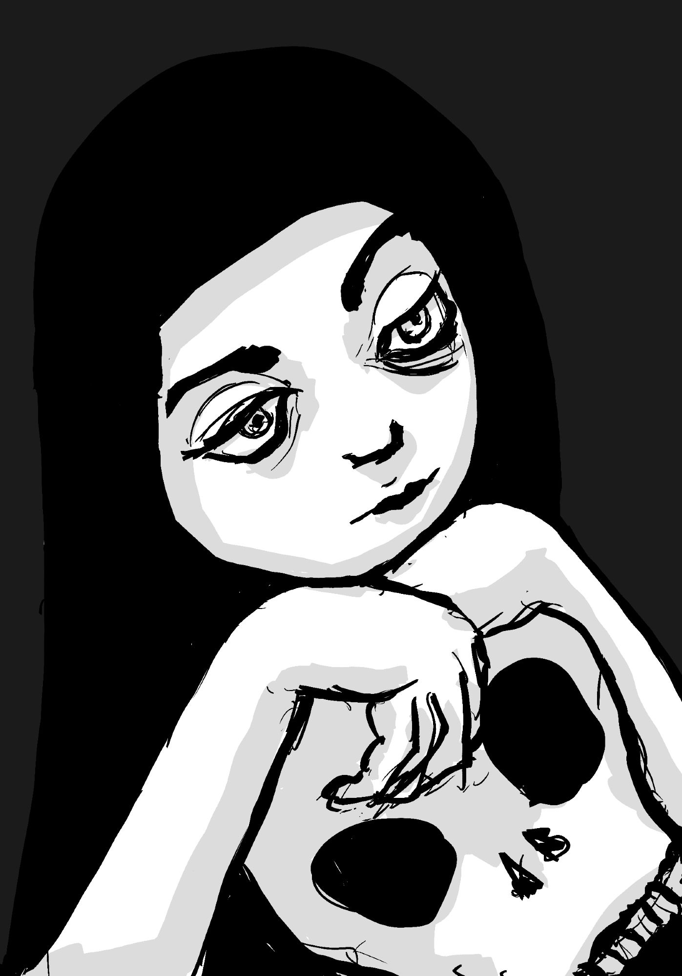 A lady with big eyes black hair looks on the right while being on a skull