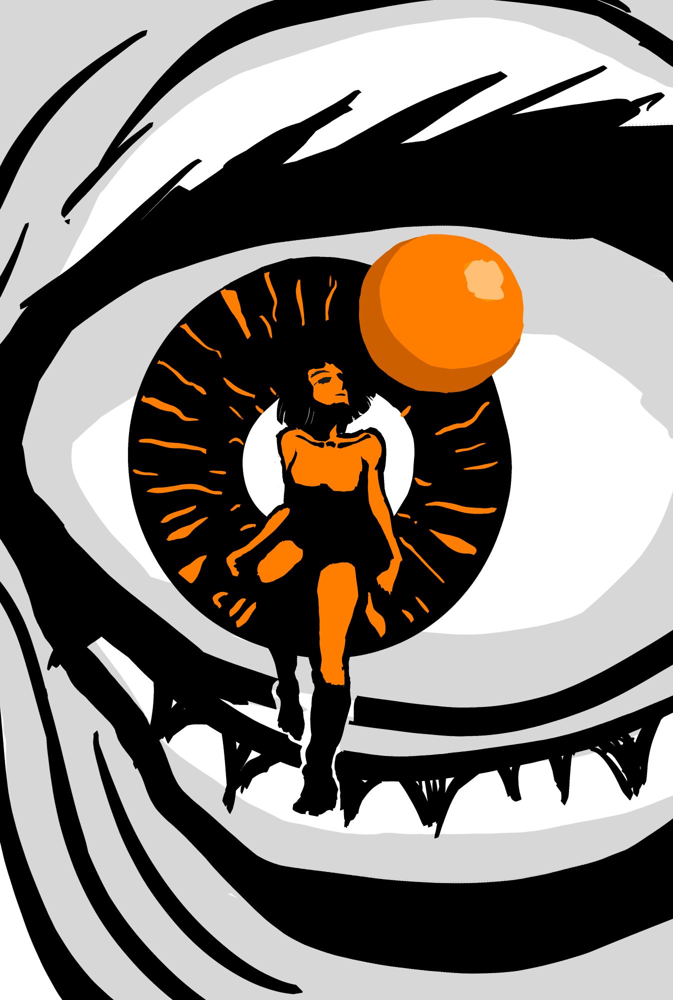 Surrealist view of a person floating in the air watching an orange sphere, while in the background a giant eye observes them