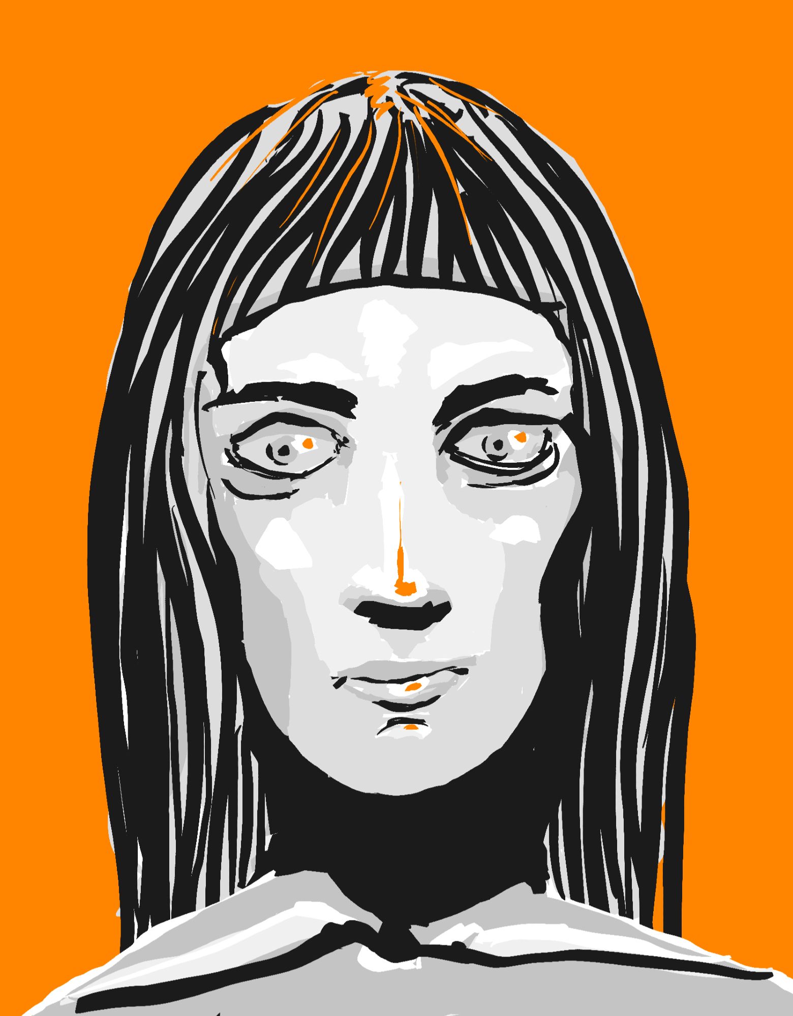 A portrait of a lady in black, Gray and some orange touches.