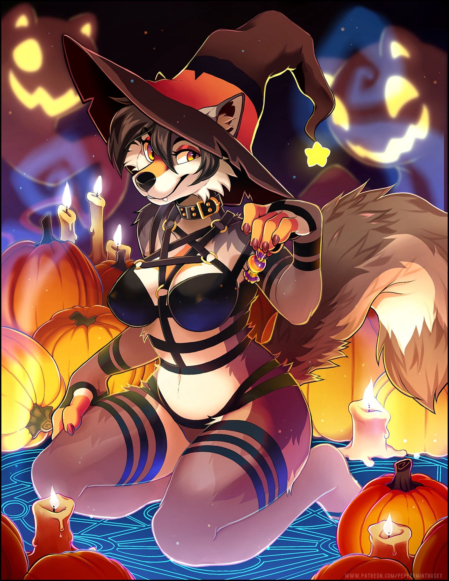 Sandra kneeling on a summoning circle. She is decked out in a witch hat, socks and arm sleeves, as well as a strappy harness that makes a star shape across her chest. She is looking towards the viewer while holding up a piece of candy. There are candles and pumpkins surrounding her. In the background are kitty ghosts smiling down on her. She looks to be in the middle of casting a spell.