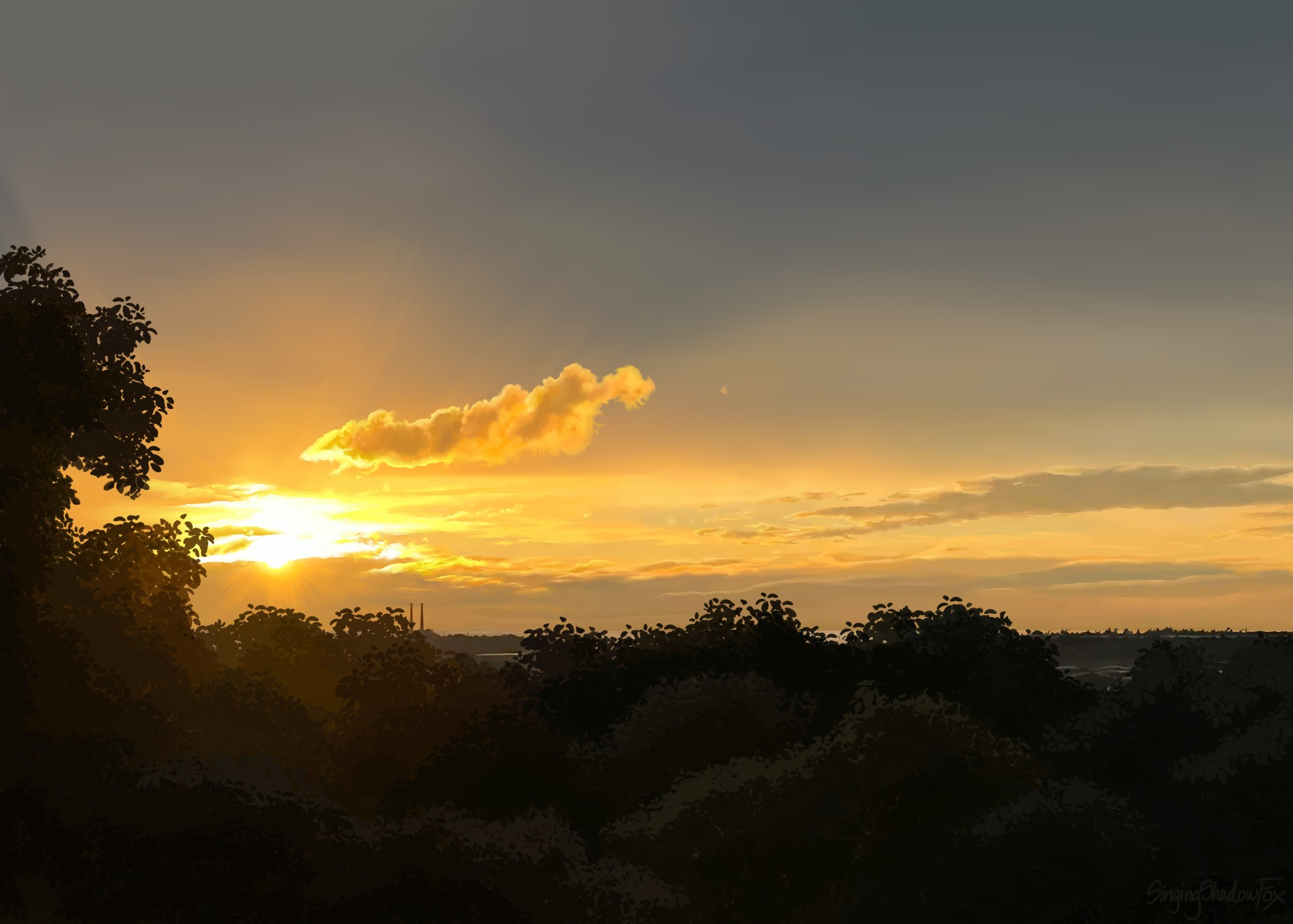 A digital drawing attempt at photorealism depicting a scene at sunset. The bottom third of the image shows layers of shadowy tree canopies. In the far distance, some faint amount of land and ocean can be seen. The majority of the image depicts the sky, which is a variety of shades of blue, yellow, and orange due to the setting sun. A variety of clouds layer the sky, and those near the sun catch the light and glow bright yellow and white. The overall colour palette is warm.