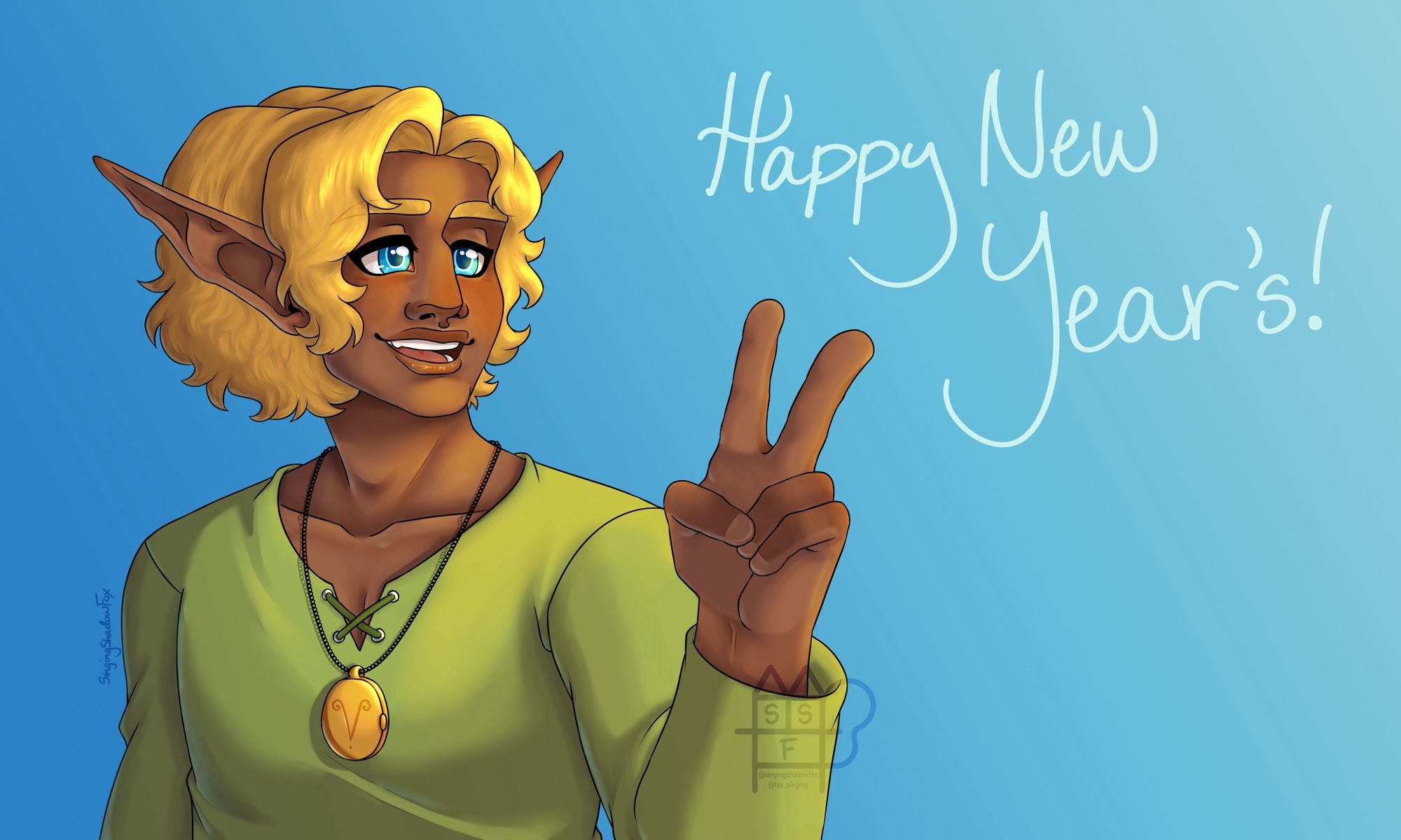 A drawing of a character named Eric. He looks off into the distance, smiling and holding up a peace sign. He has medium brown skin, blonde hair, and blue eyes. He wears a green shirt and a golden locket necklace. He has long, pointed elf ears. His hair is short and curly. The background is a blue ombre with the words “Happy New Year’s!” written on it.