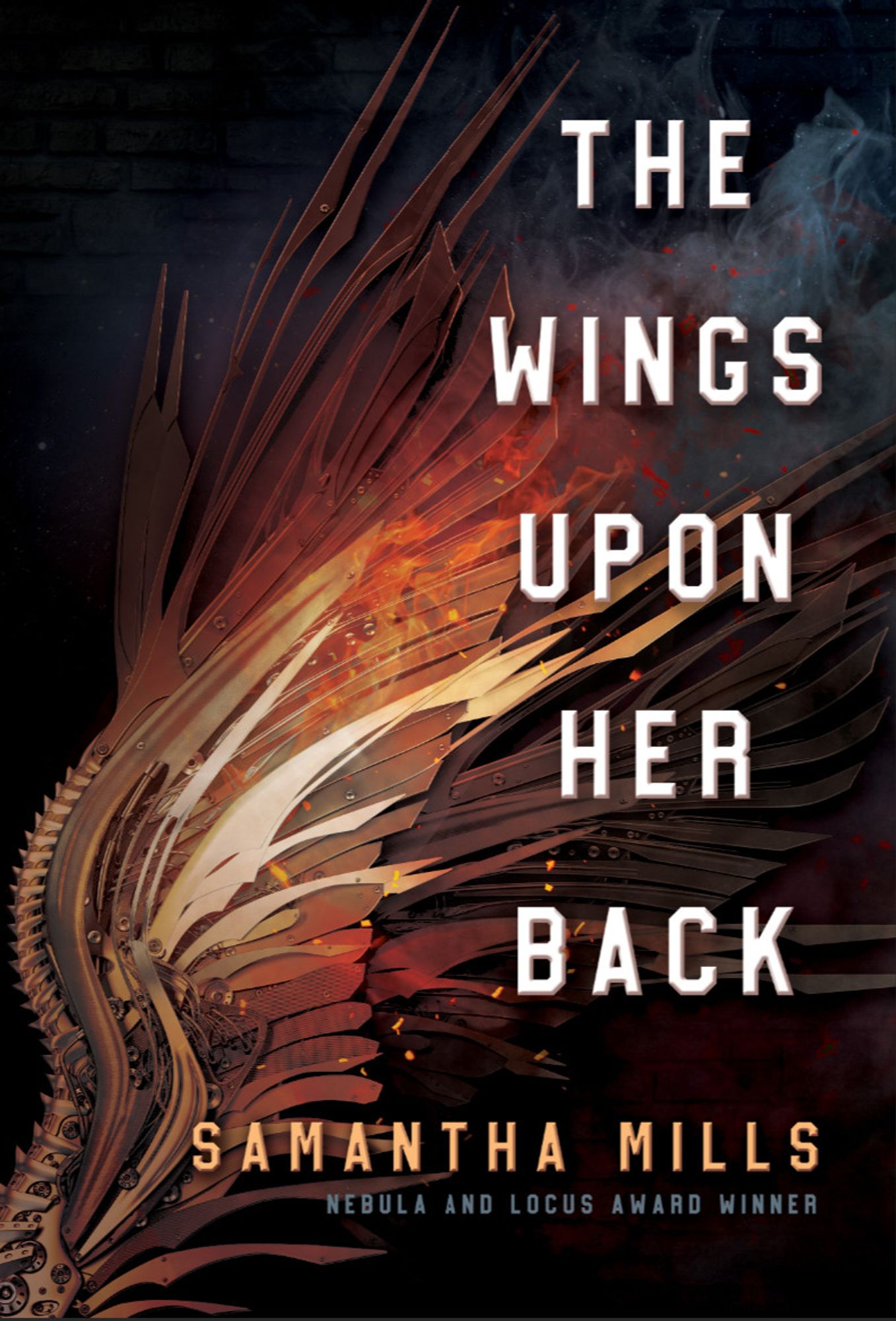 Cover for THE WINGS UPON HER BACK by Nebula and Locus Award winner Samantha Mills, featuring a stylized mechanical wing in tones of copper and red blending into a shadowy background