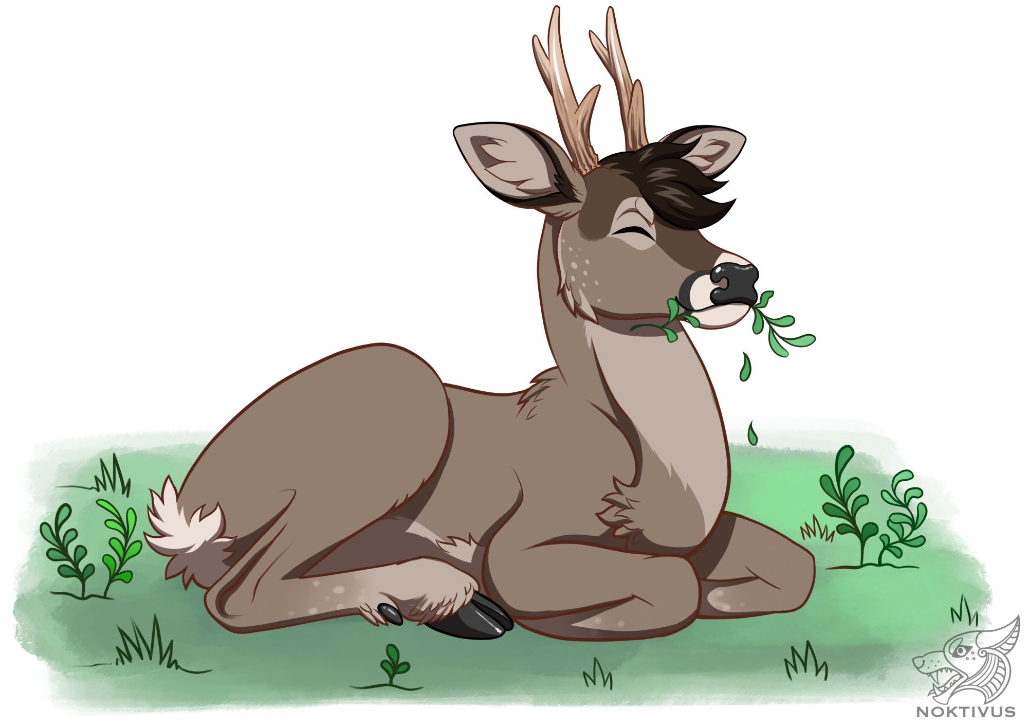 Digital drawing of a male roe deer sitting in a meadow and munching some plants