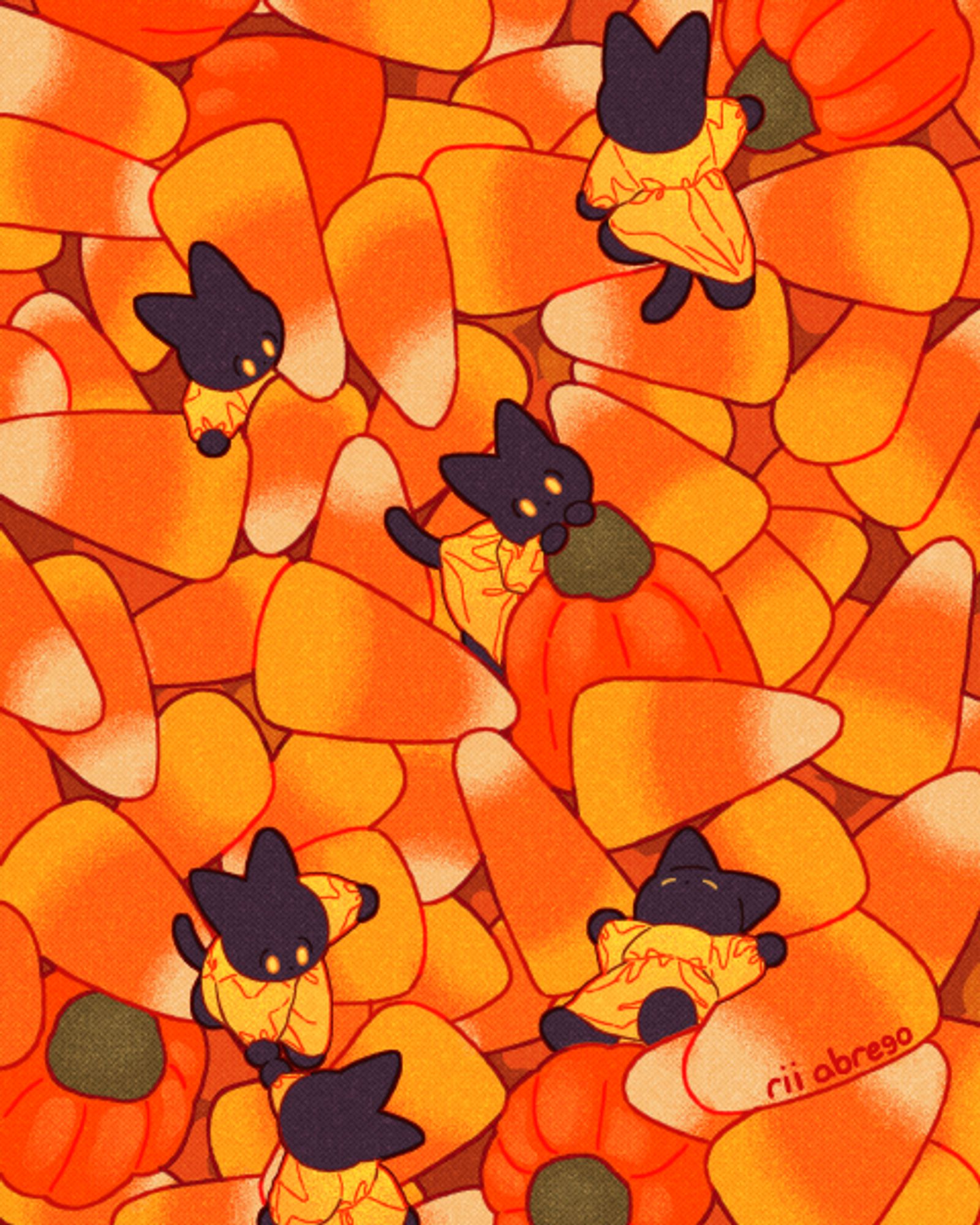 Six small anthropomorphic black cats in yellow dresses climbing in a pile of candy corn.