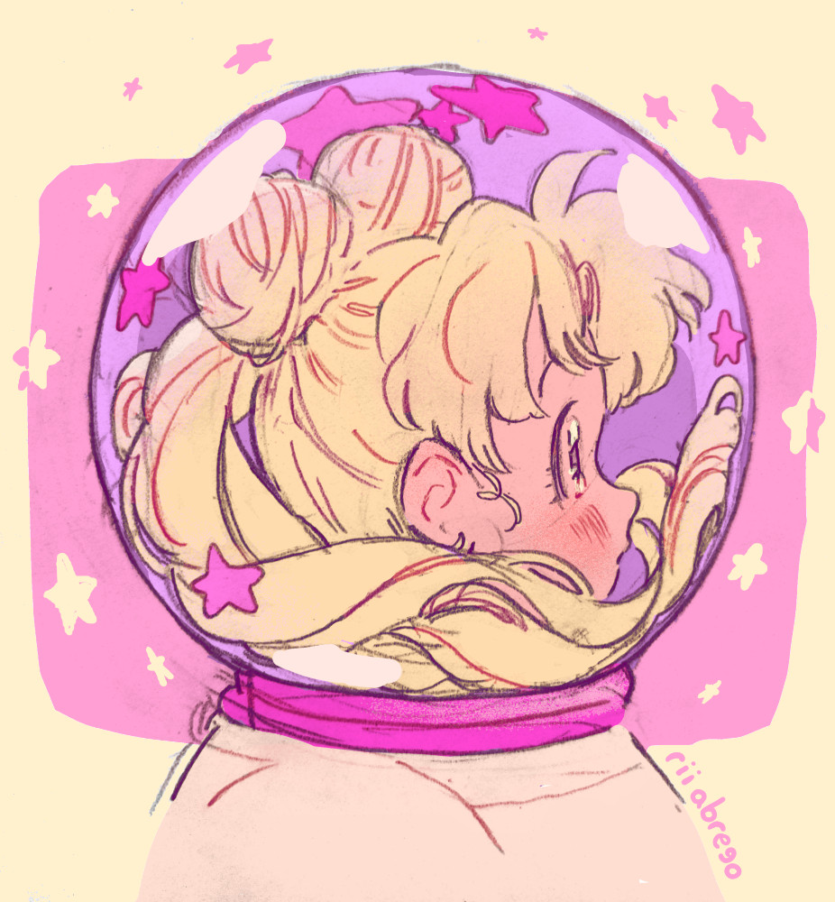 Sailor Moon wearing an astronaut's helmet surrounded by stars