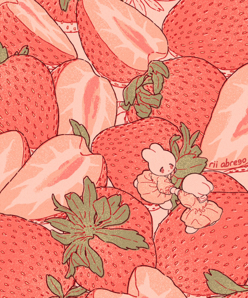 An illustration of two tiny rabbits climbing through a pile of strawberries.