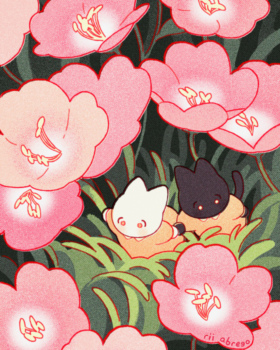 A drawing of two tiny cats running through flowers