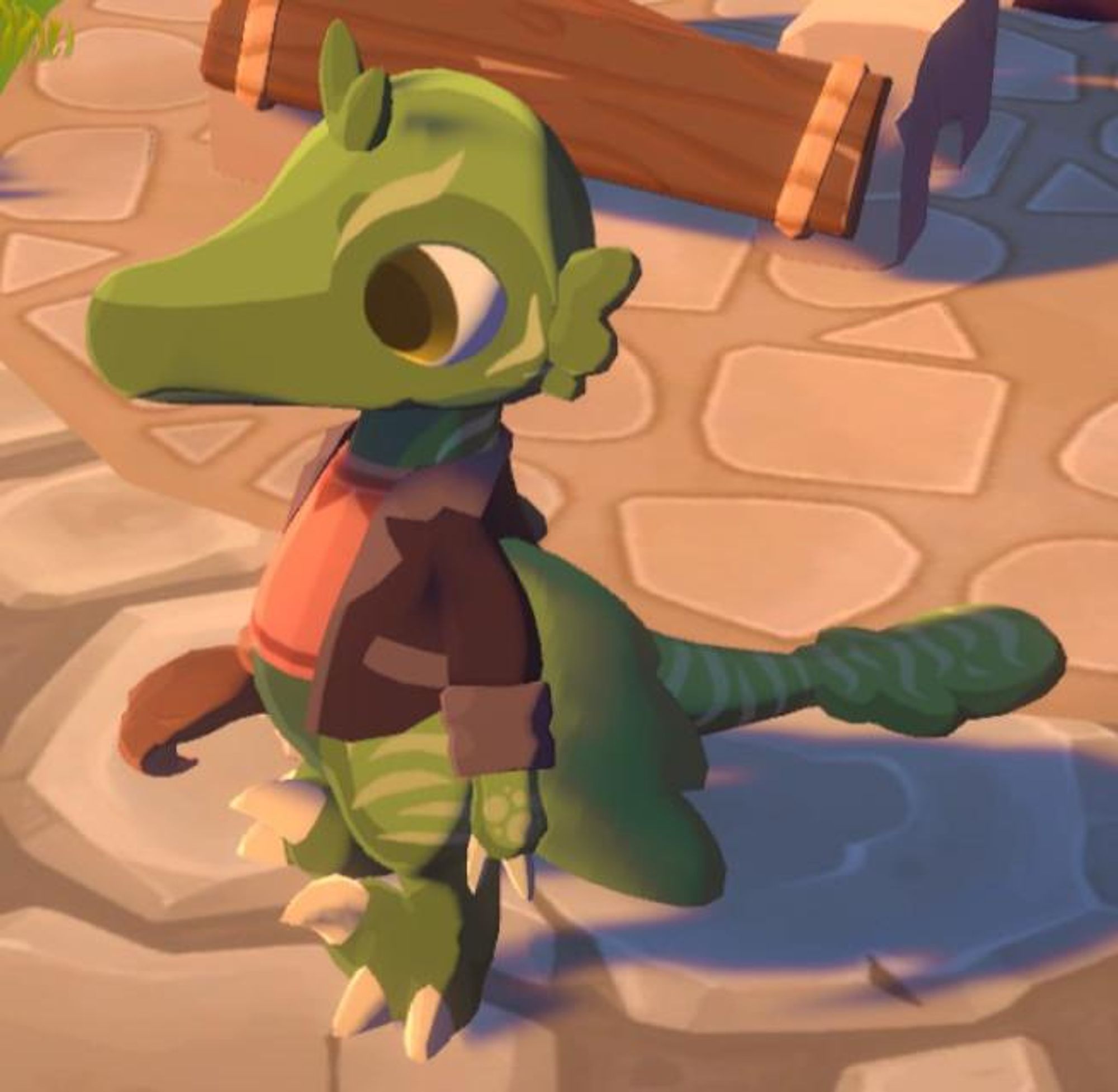 A custom “paleofolk” little dinosaur-person from the game Amber Isle. He is green, with light green stripes, and feathered wing-arms. He is wearing a brown jacket over a salmon-colored shirt.